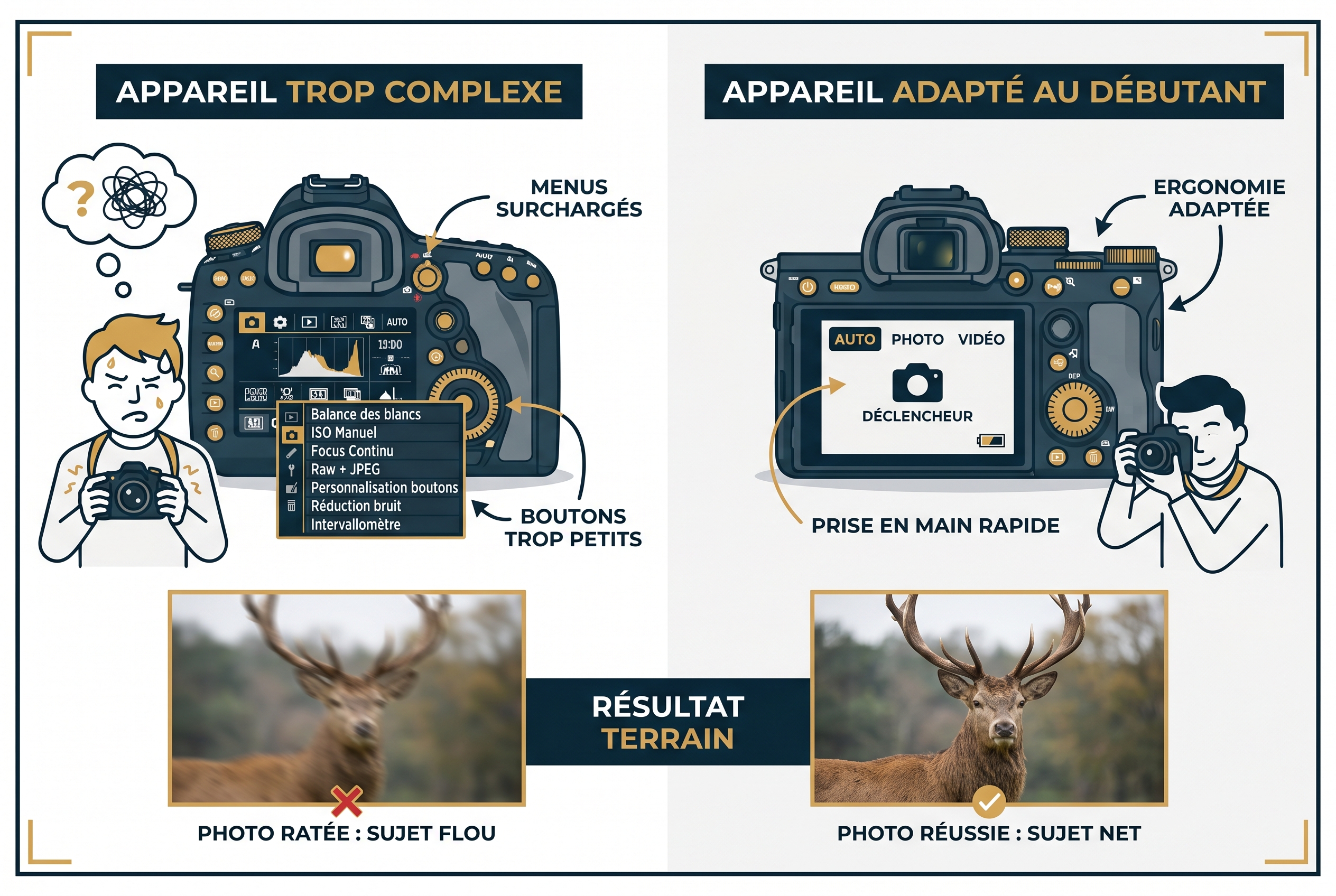 Illustration comparative entre un appareil photo animalière trop complexe et un modèle ergonomique adapté pour débuter en photographie de nature.