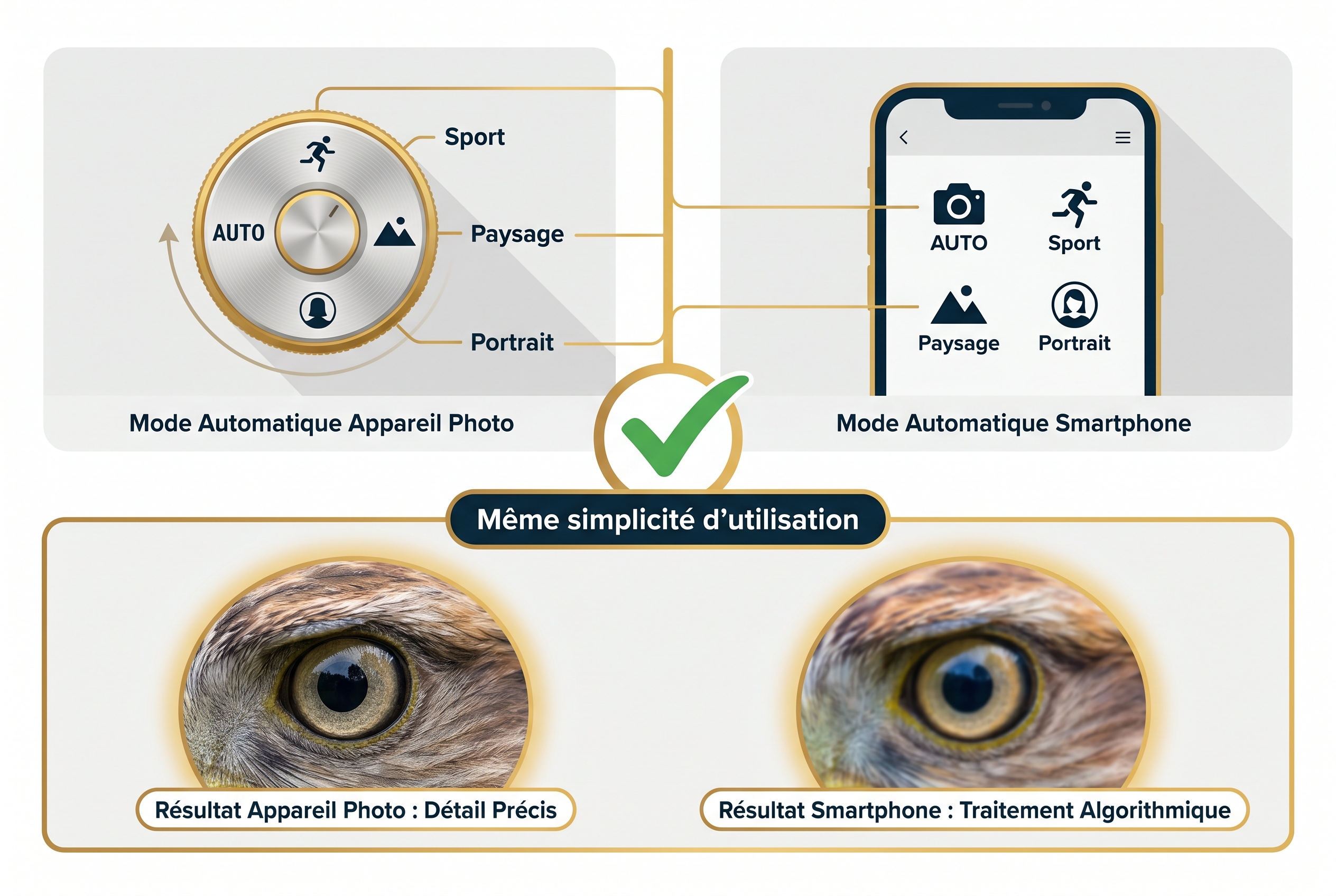 Infographie comparative entre appareil photo ou smartphone montrant la simplicité des modes automatiques et la différence de piqué sur un œil d'oiseau.