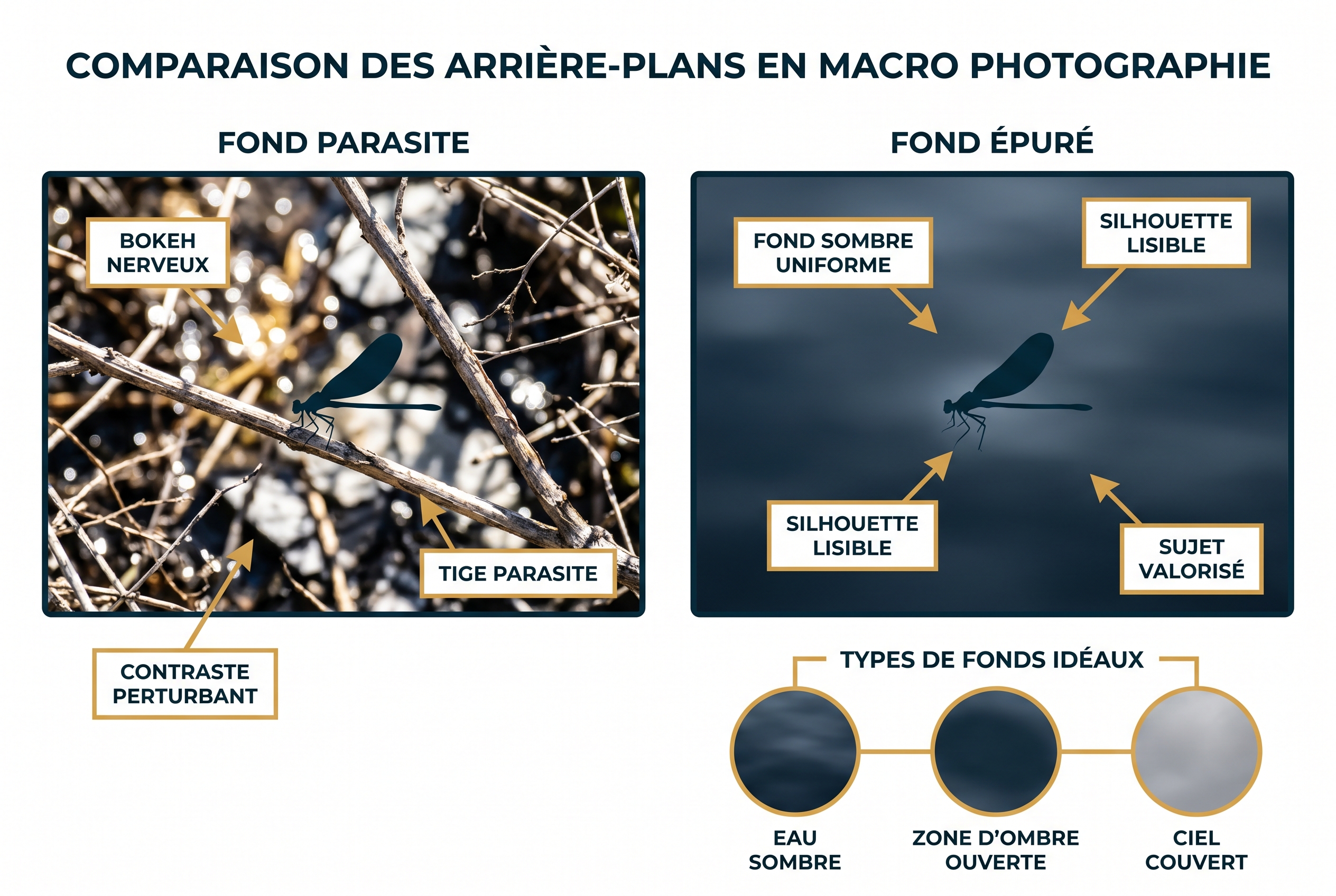 Infographie pédagogique comparant un arrière-plan parasite avec bokeh nerveux et un fond épuré uniforme pour valoriser un insecte en macrophotographie.