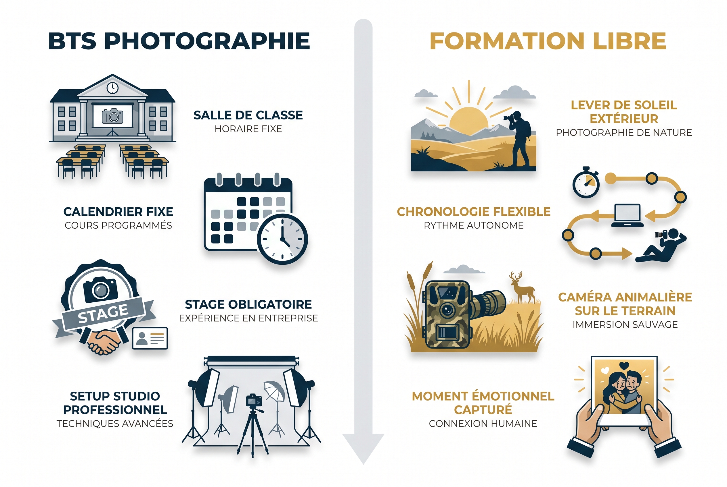 Infographie comparative entre le BTS Photographie (cadre scolaire et studio) et la formation libre (flexibilité et photographie de nature) pour devenir photographe.