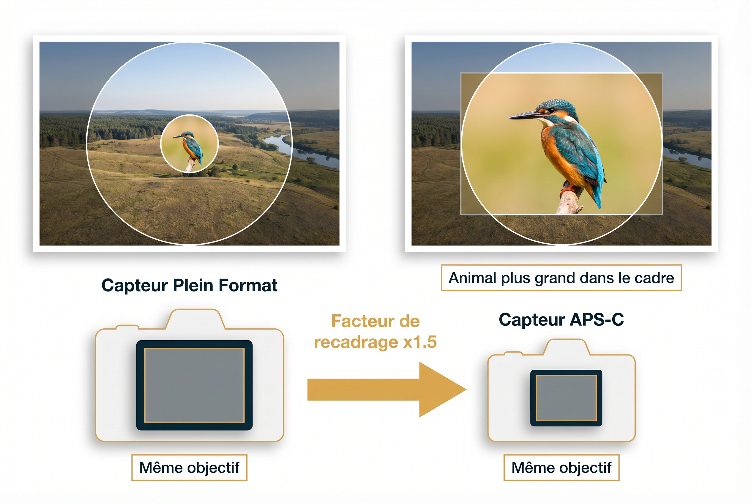 Schéma explicatif du facteur de recadrage x1,5 entre un capteur APS-C et un Plein Format pour la photo animalière débutant, montrant l'agrandissement d'un oiseau.