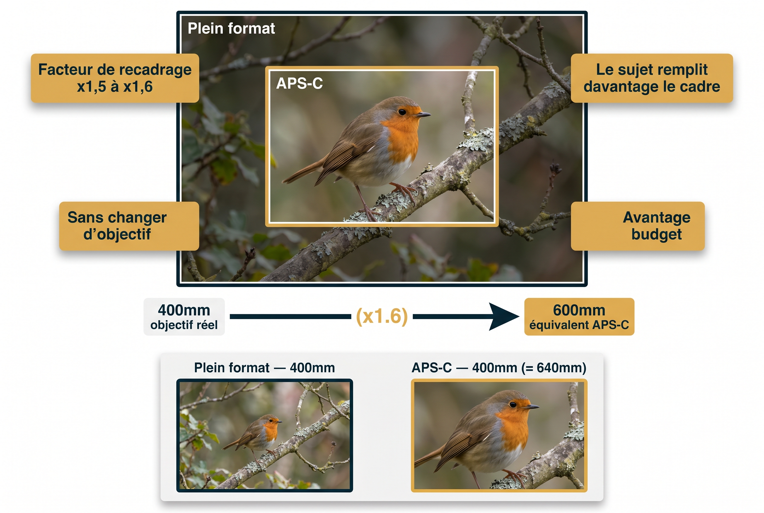 Schéma pédagogique expliquant le facteur de recadrage APS-C pour un appareil photo animalière