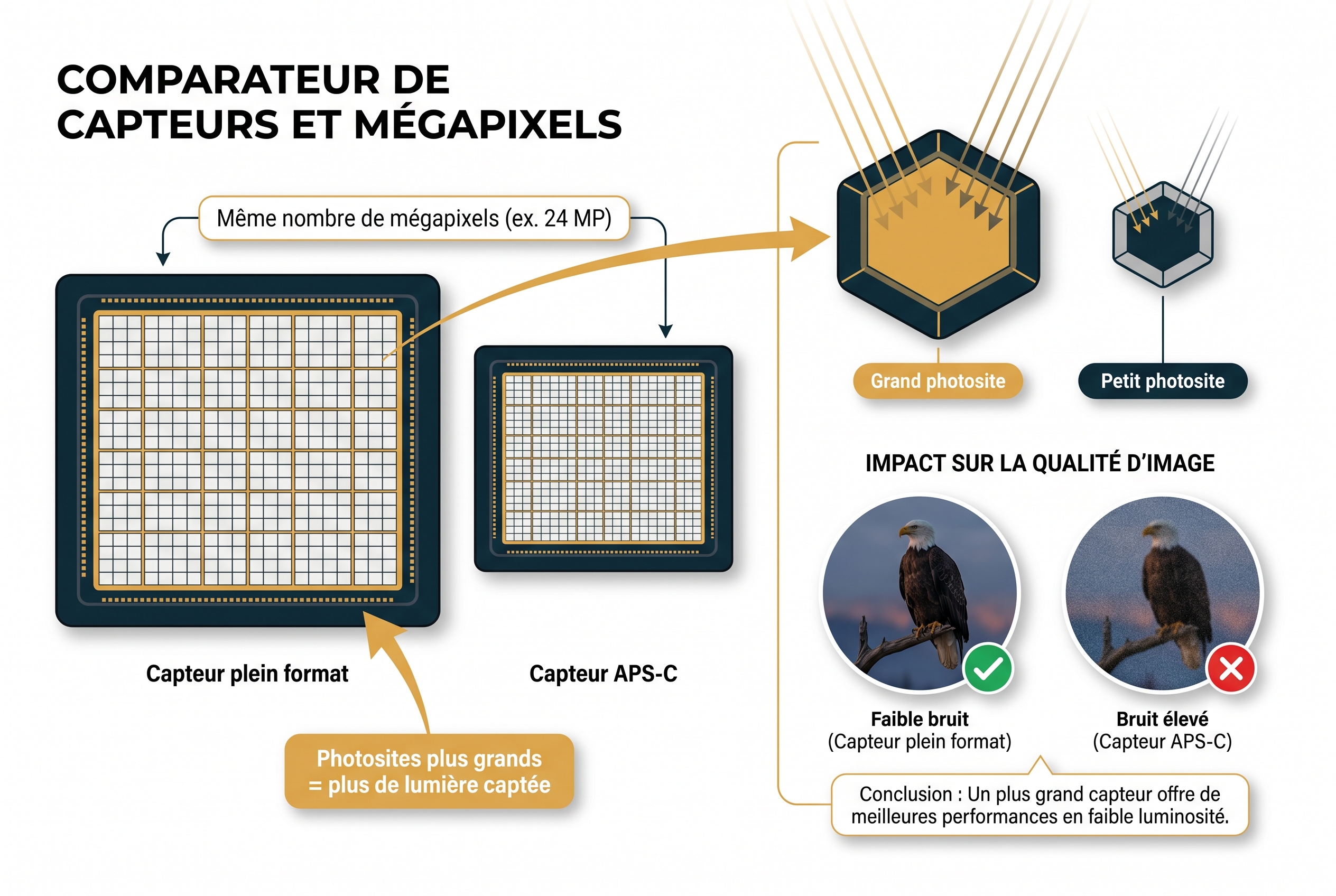 Schéma pédagogique comparant un capteur plein format et un capteur APS-C de 24 mégapixels pour choisir son appareil photo animalière, illustrant la taille des photosites et le bruit numérique.