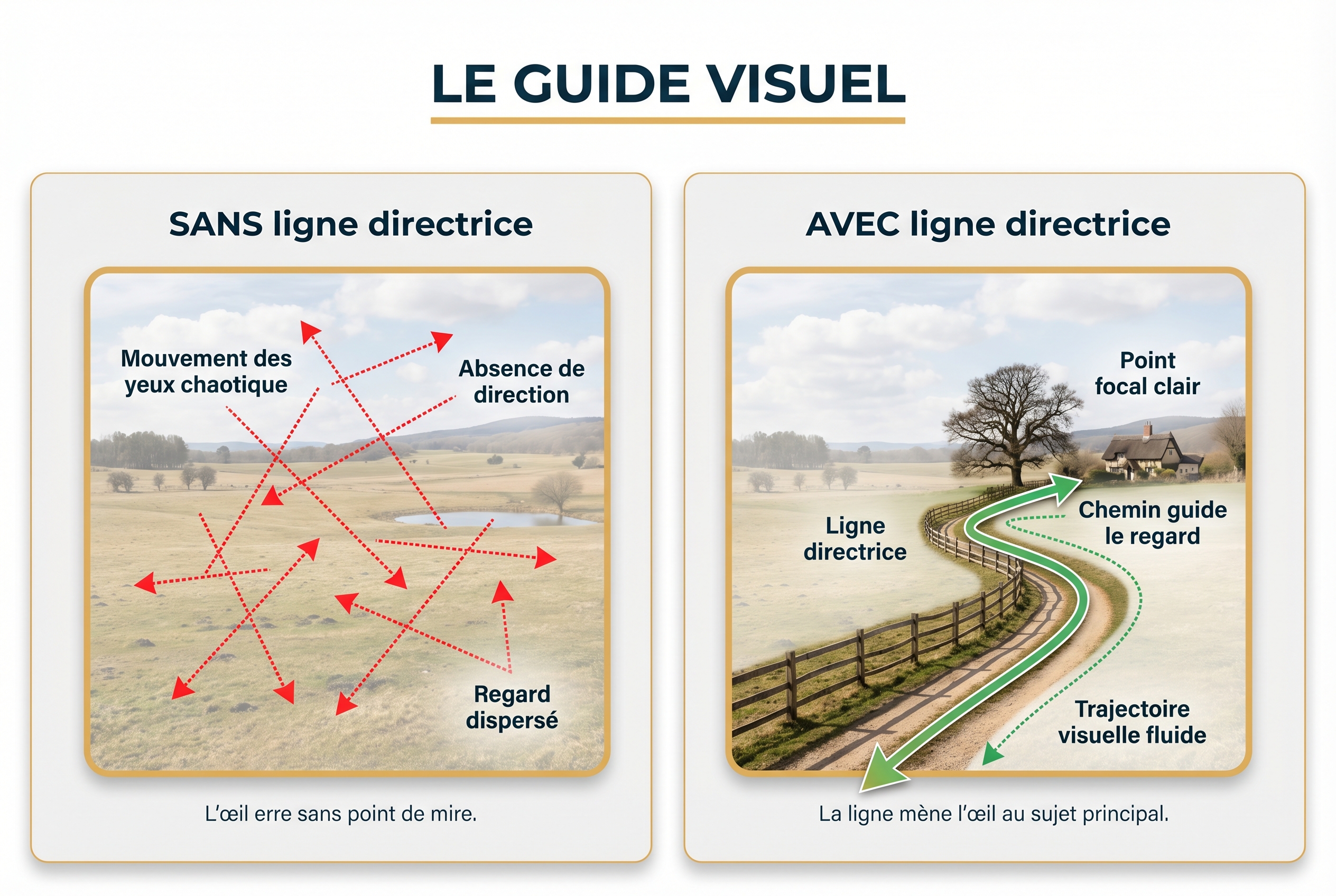 Schéma pédagogique comparant l'absence et la présence de lignes directrices dans une photo de paysage pour guider le regard vers le sujet.