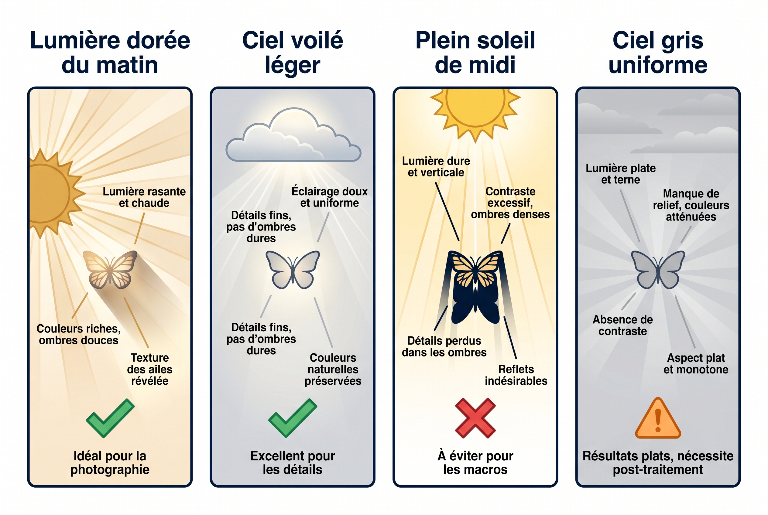 Infographie pédagogique comparant quatre types de lumière pour photographier les papillons : lumière dorée, ciel voilé, plein soleil et ciel gris.