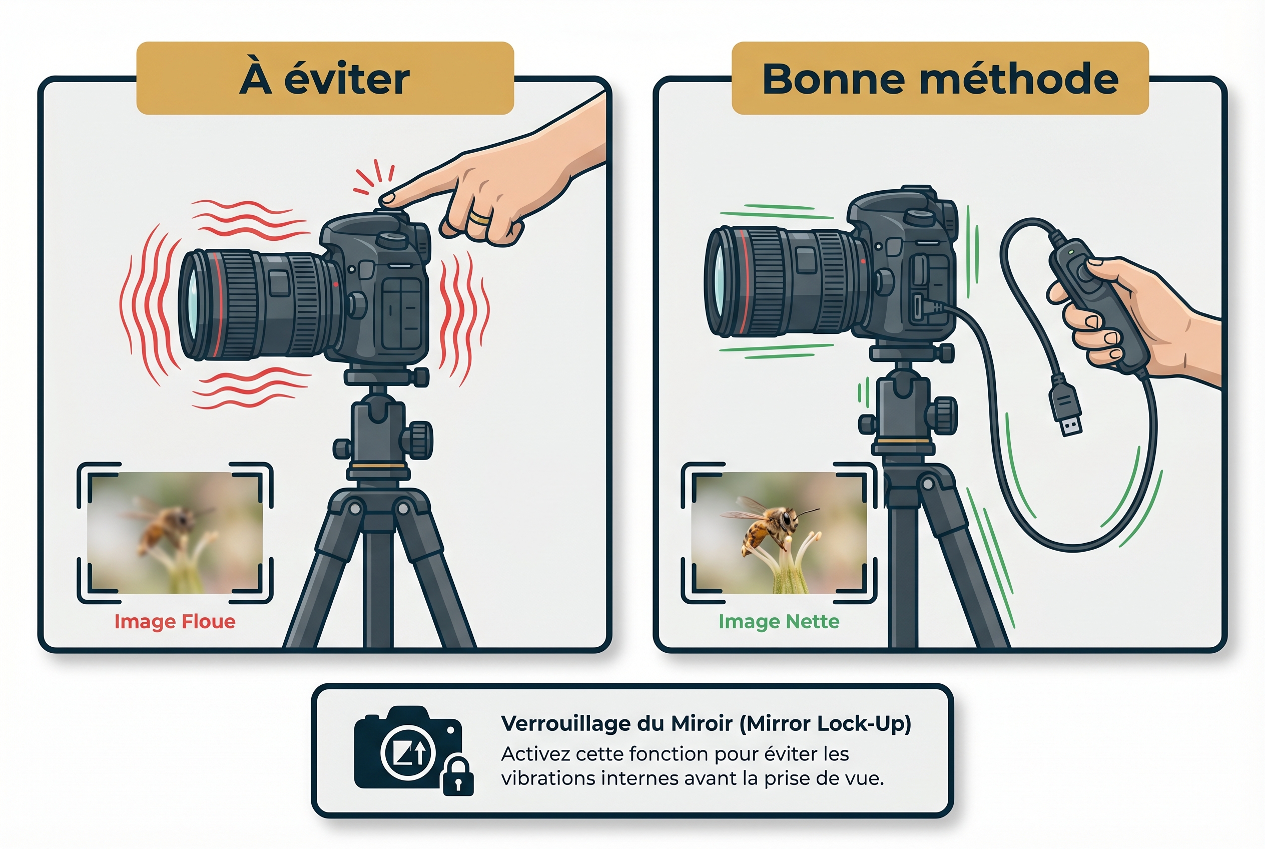 Le focus stacking : comment avoir des photos 100% nettes 18 Infographie pédagogique comparant le déclenchement manuel (vibrations) et l'usage d'une télécommande (stabilité) pour réussir un focus stacking net.