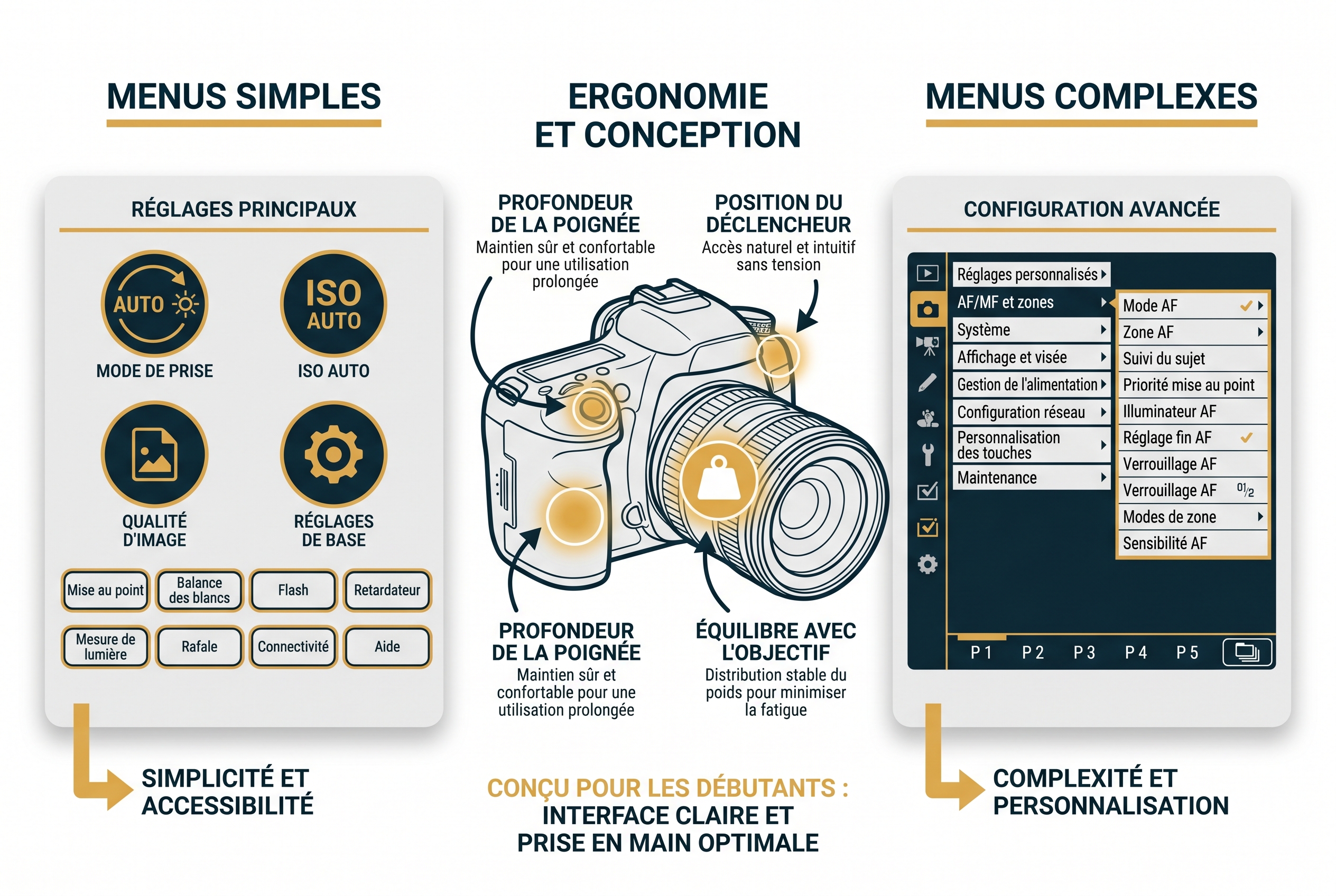 Illustration comparative des interfaces de menus et de l'ergonomie pour aider à choisir sa marque d'appareil photo.