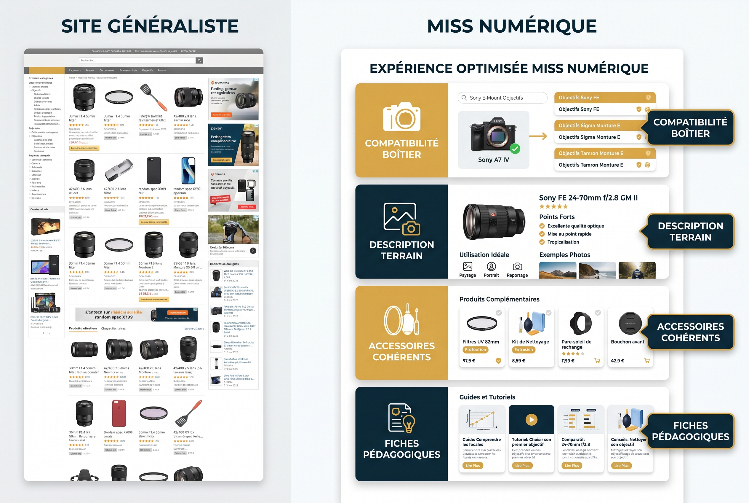 Illustration comparative entre l'interface experte de Miss Numérique et un site généraliste pour l'achat d'un objectif photo - Avis Miss Numérique