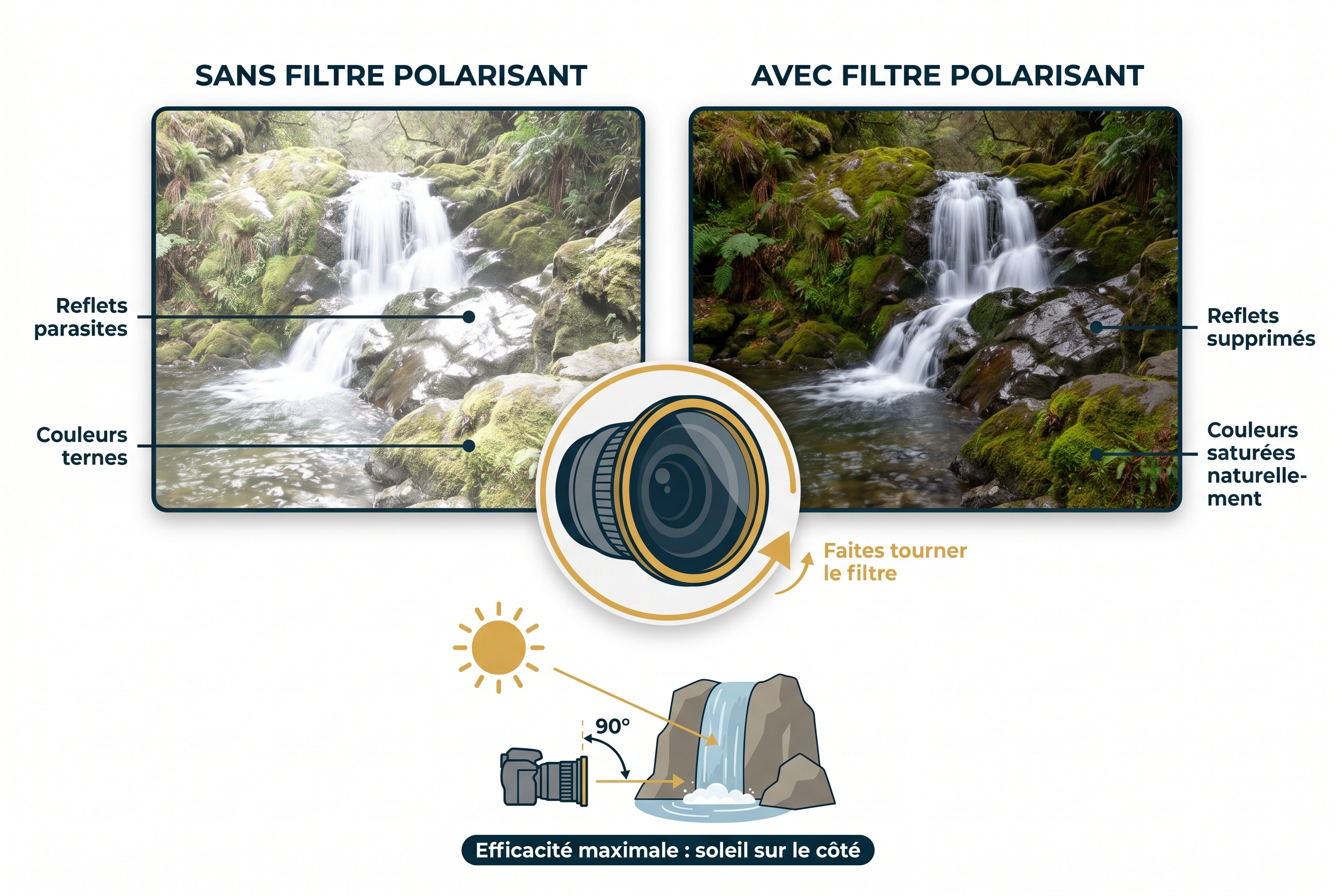 Illustration comparative montrant l'effet d'un filtre polarisant sur une photo de cascade : suppression des reflets sur l'eau et saturation des couleurs de la mousse.