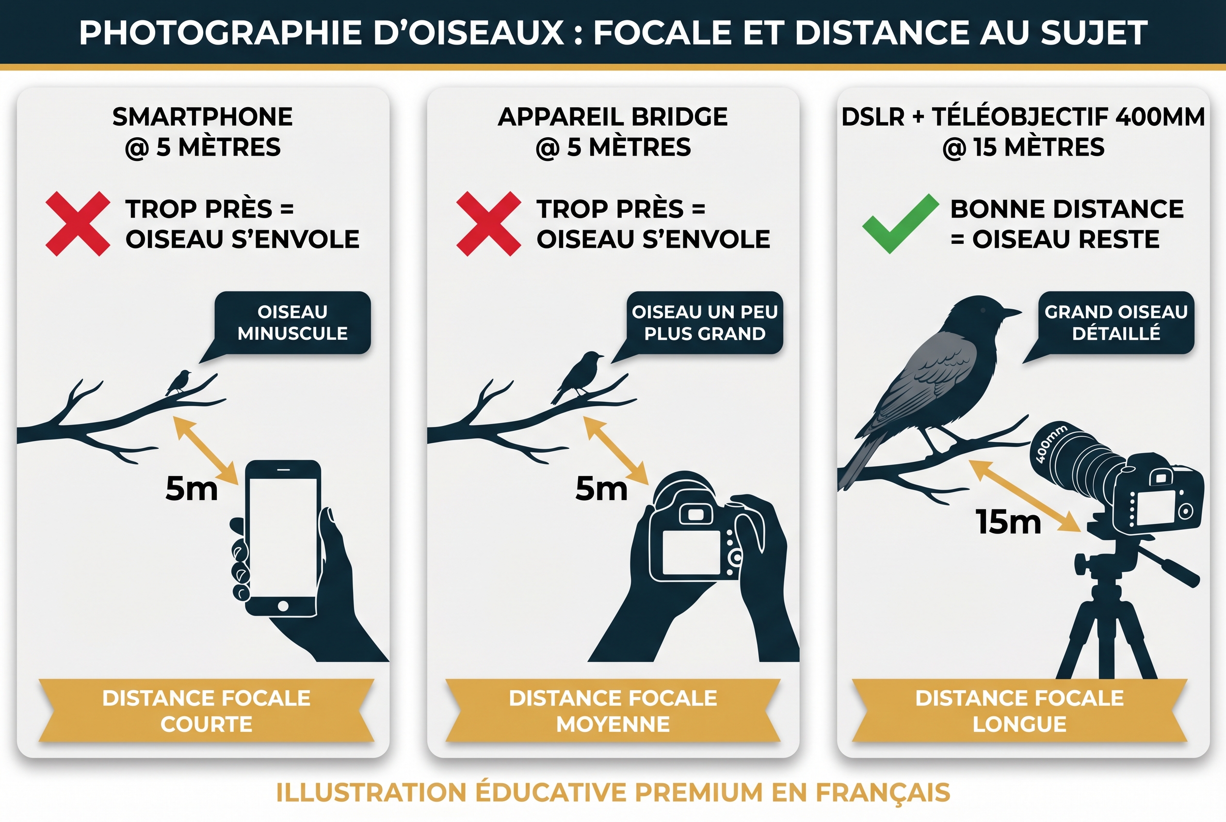 Comment photographier des oiseaux : le guide complet 14 Infographie pédagogique comparant un smartphone, un bridge et un reflex avec téléobjectif 400mm pour photographier des oiseaux selon la distance de sécurité.
