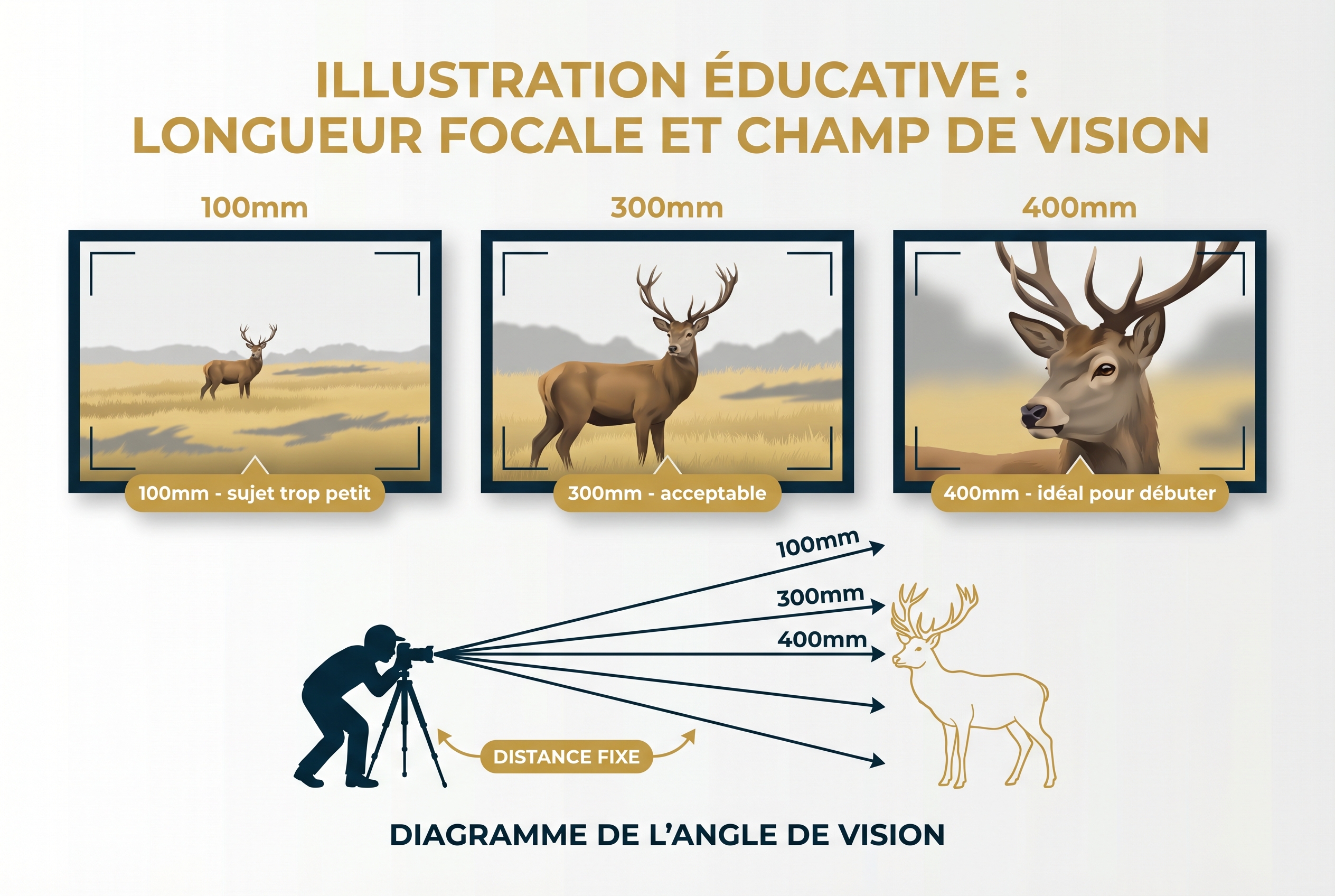 Schéma comparatif des focales 100mm, 300mm et 400mm sur un cerf pour choisir son matériel photo animalière.