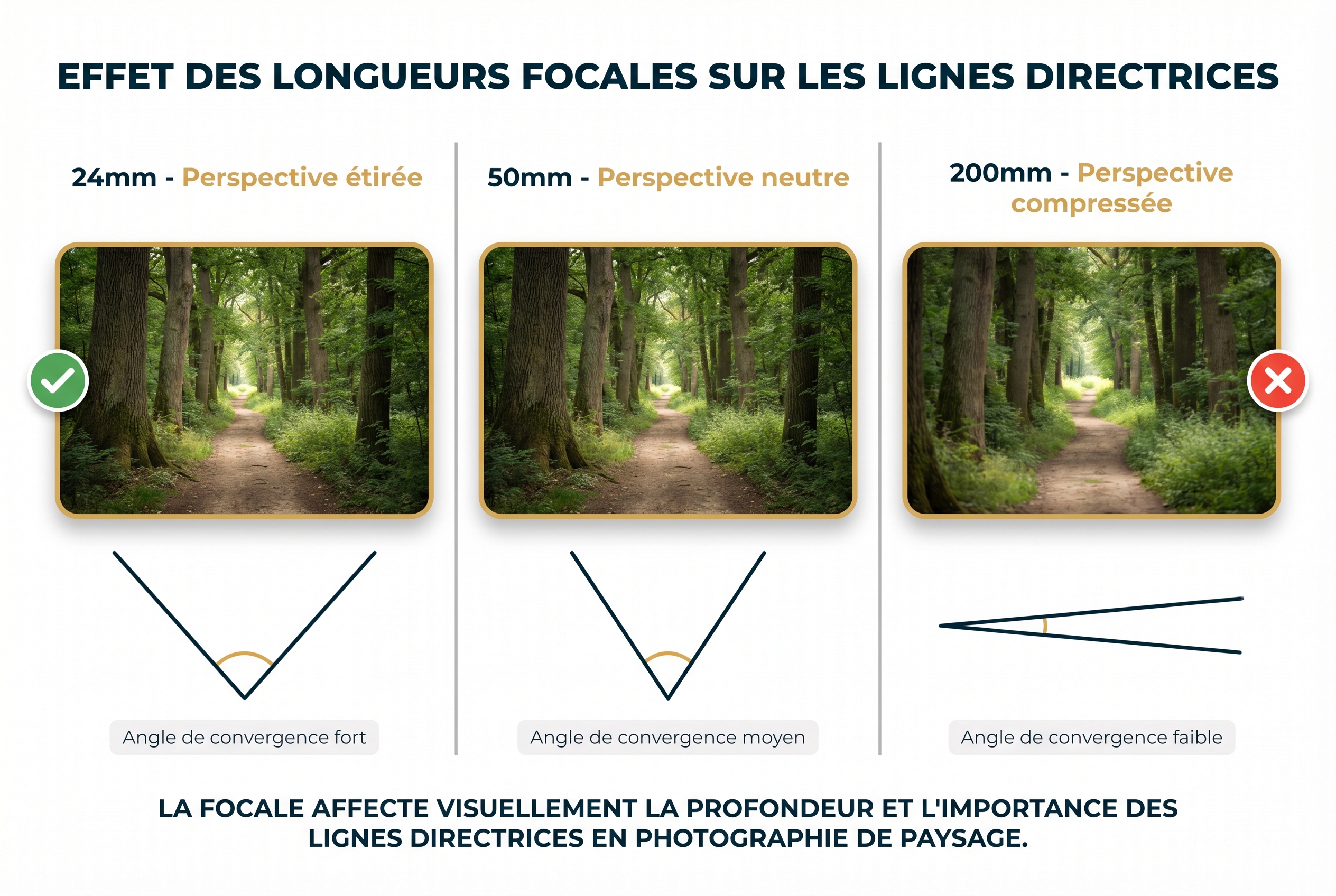 Illustration pédagogique comparant l'impact des focales 24mm, 50mm et 200mm sur la perspective et les lignes directrices d'un chemin en forêt.