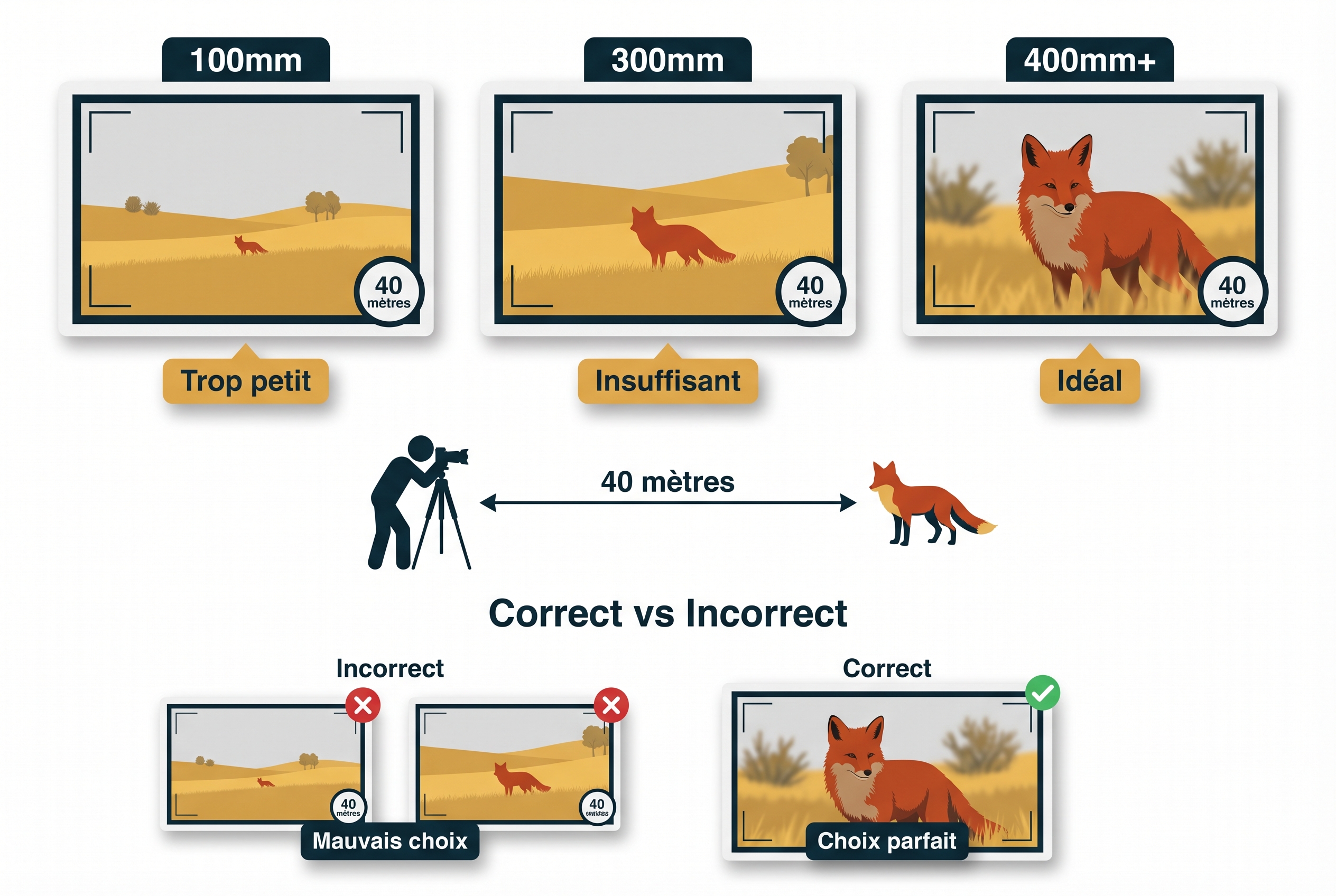 Illustration pédagogique comparant le rendu d'un renard à 40 mètres avec des objectifs de 100mm, 300mm et 400mm pour choisir la bonne focale.