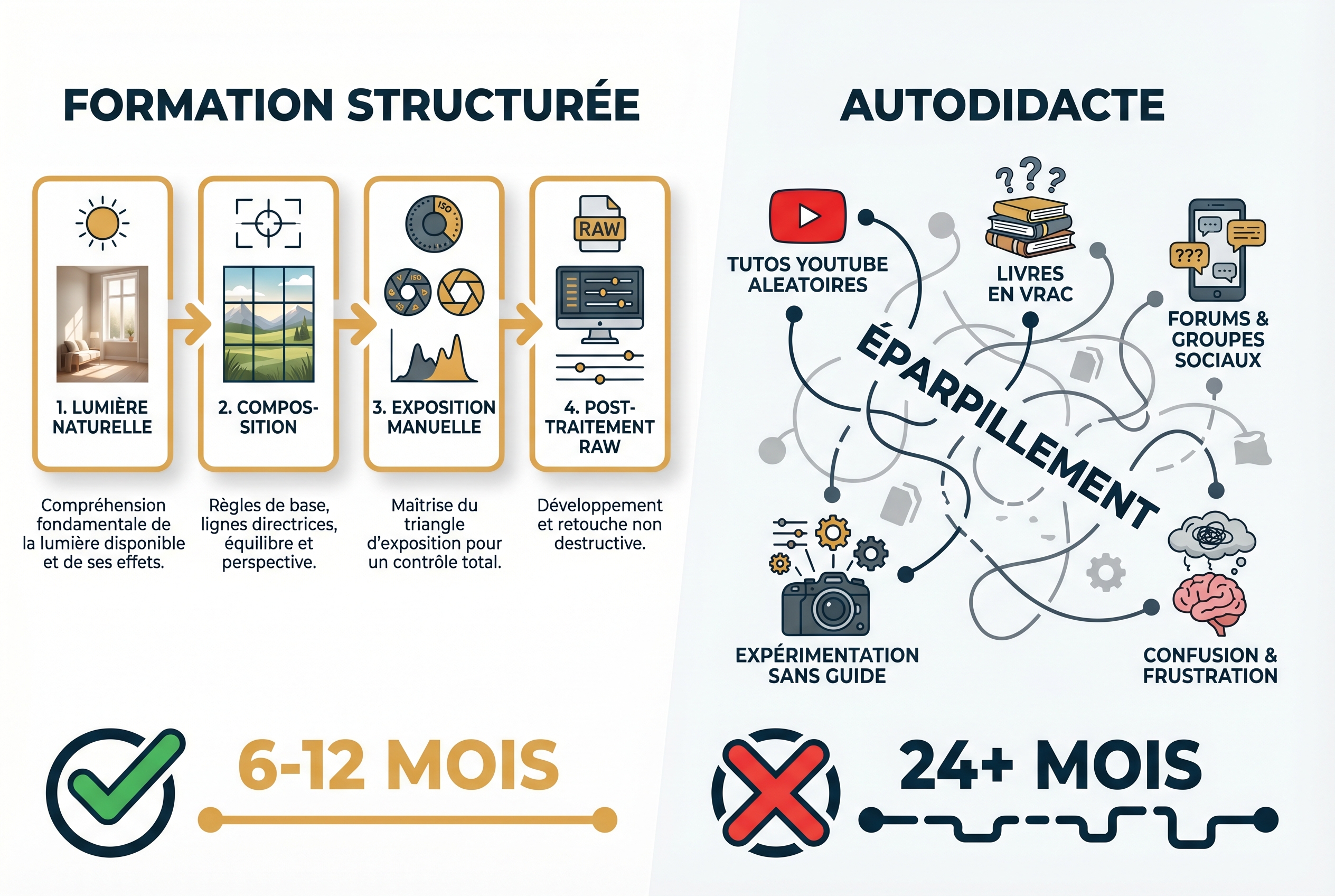 Infographie comparative pour devenir photographe professionnel : parcours de formation structuré en 4 étapes (lumière, composition, exposition, post-traitement) versus apprentissage autodidacte éparpillé.