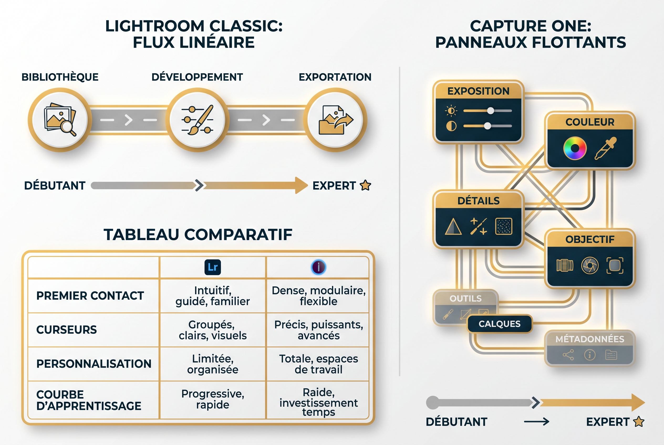 Lightroom vs Capture One : le comparatif simple pour ne plus se tromper de logiciel 23 Illustration comparative entre Lightroom vs Capture One montrant le flux de travail linéaire d'Adobe et le système d'onglets personnalisables de Capture One.
