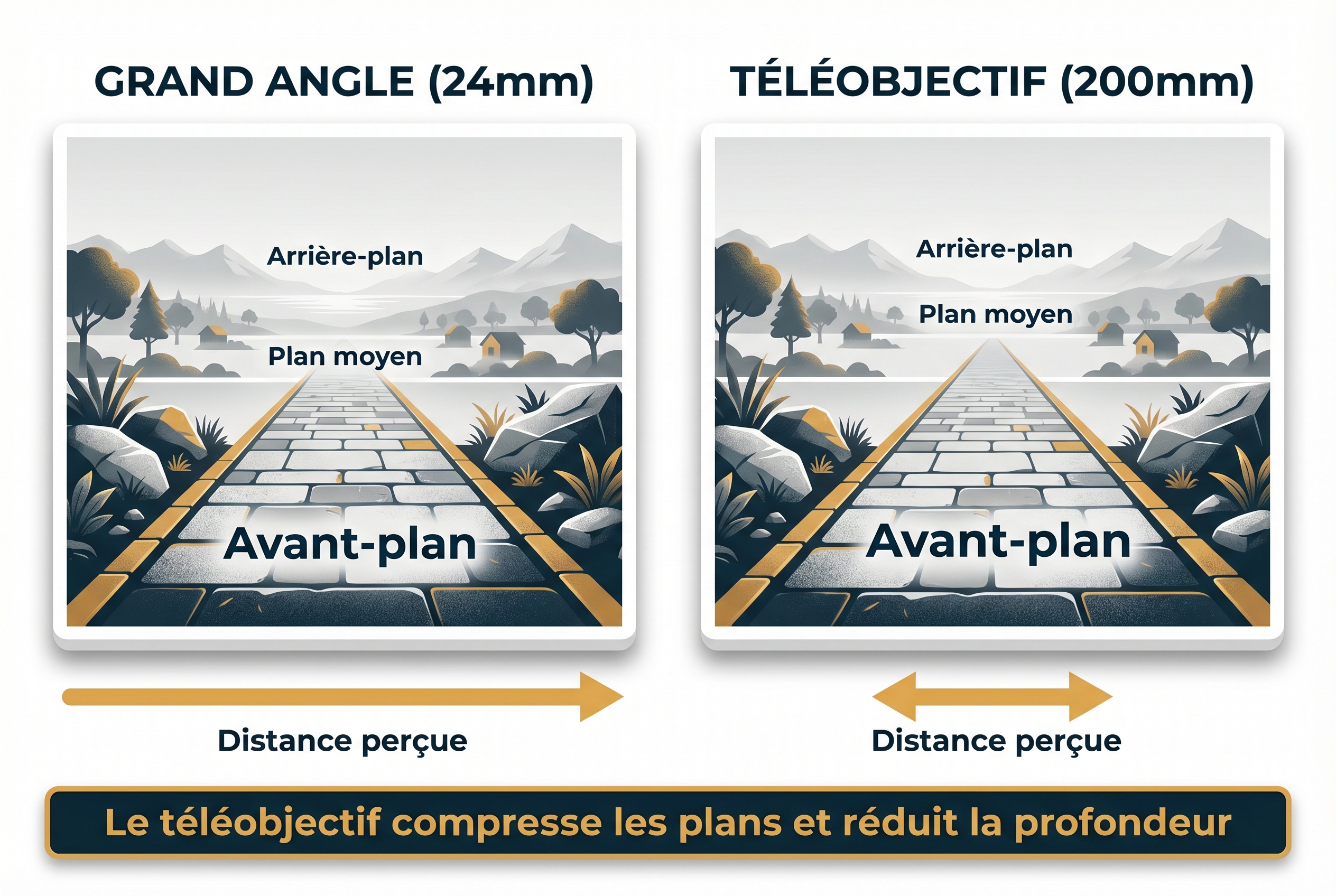 Infographie pédagogique comparant l'impact de la focale sur les lignes directrices : le grand-angle (24mm) crée une forte profondeur avec des lignes convergentes, tandis que le téléobjectif (200mm) compresse les plans et réduit l'effet de perspective.