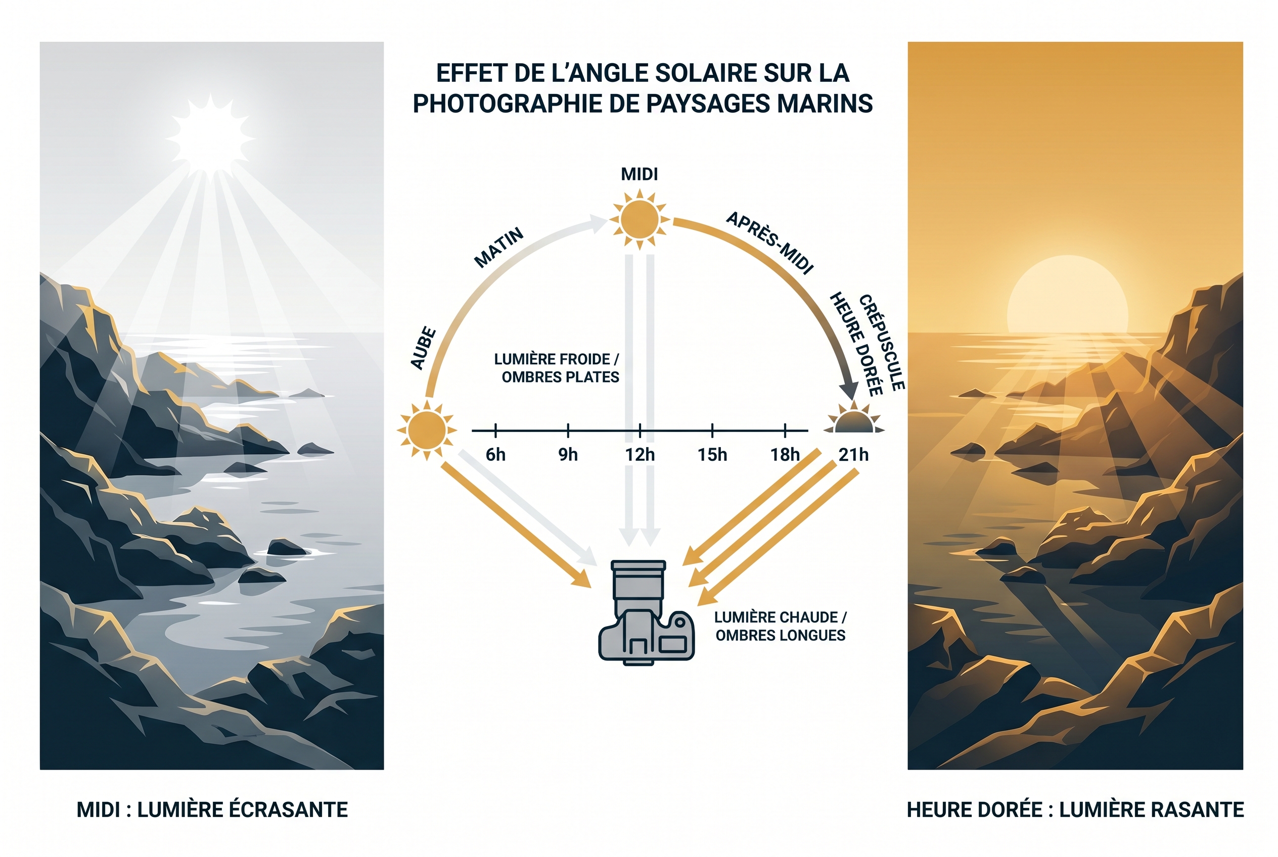 Illustration pédagogique comparant l'impact de la lumière de midi et de l'heure dorée pour photographier la mer et les rochers du littoral.