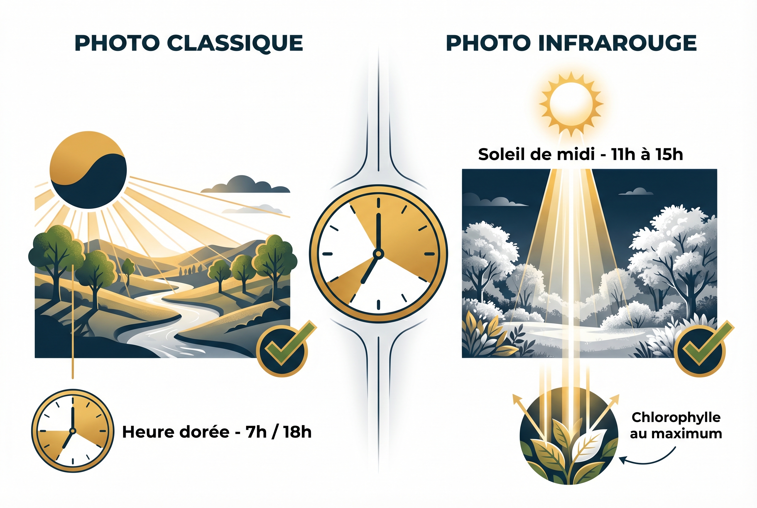Infographie comparative des conditions de lumière : heure dorée pour la photo classique versus soleil de midi pour la photographie infrarouge avec réflexion de la chlorophylle.