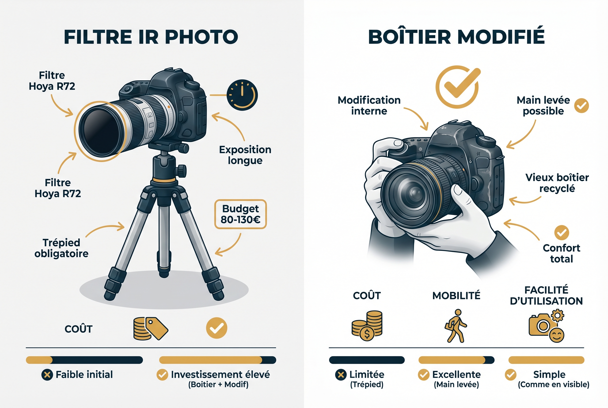 Illustration pédagogique comparant deux approches de la photographie infrarouge : l'utilisation d'un filtre vissant Hoya R72 sur trépied et un boîtier photo modifié pour la prise de vue à main levée.