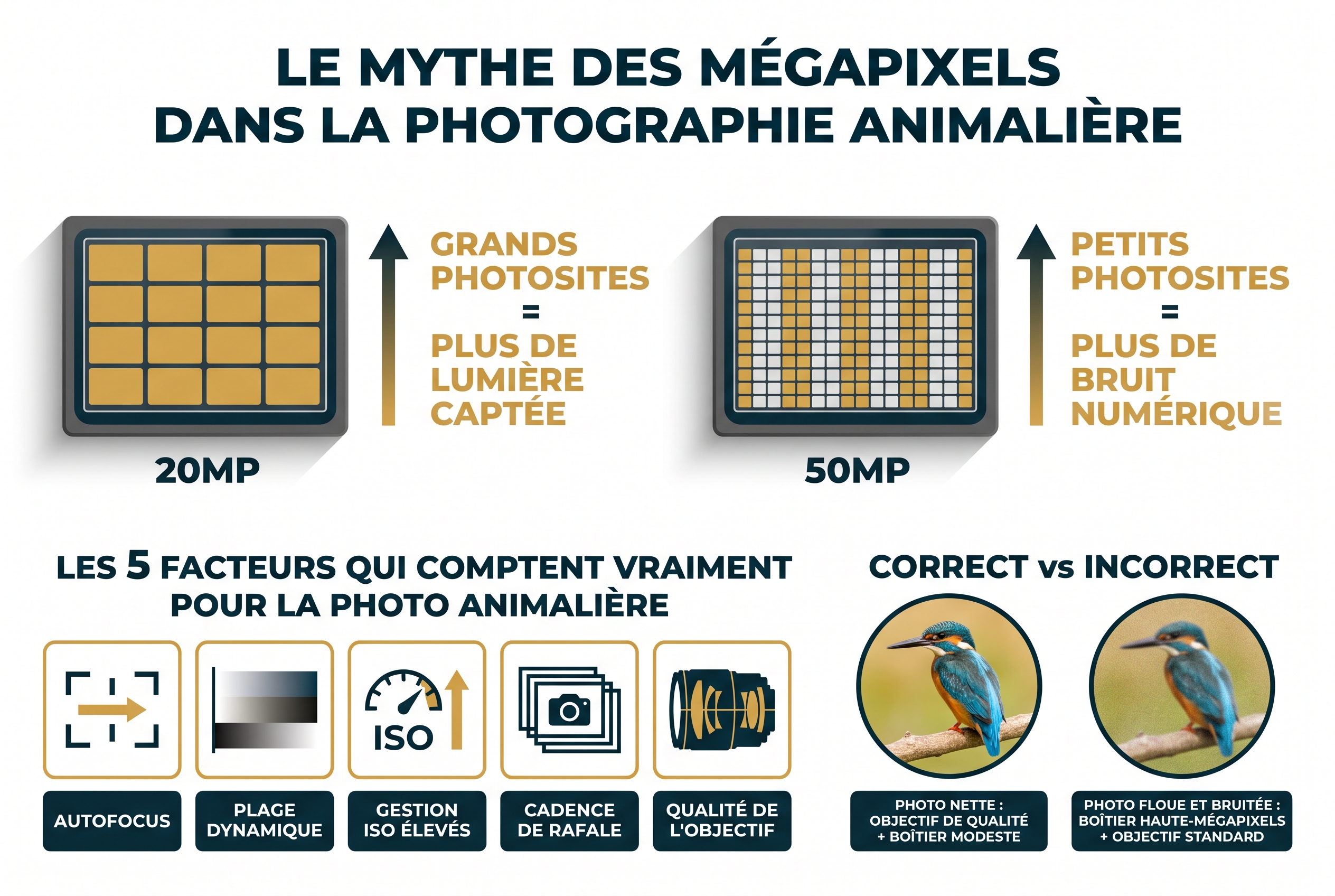 Schéma pédagogique expliquant le choix d'une marque d'appareil photo selon la taille des photosites et les performances du capteur pour la photographie animalière.