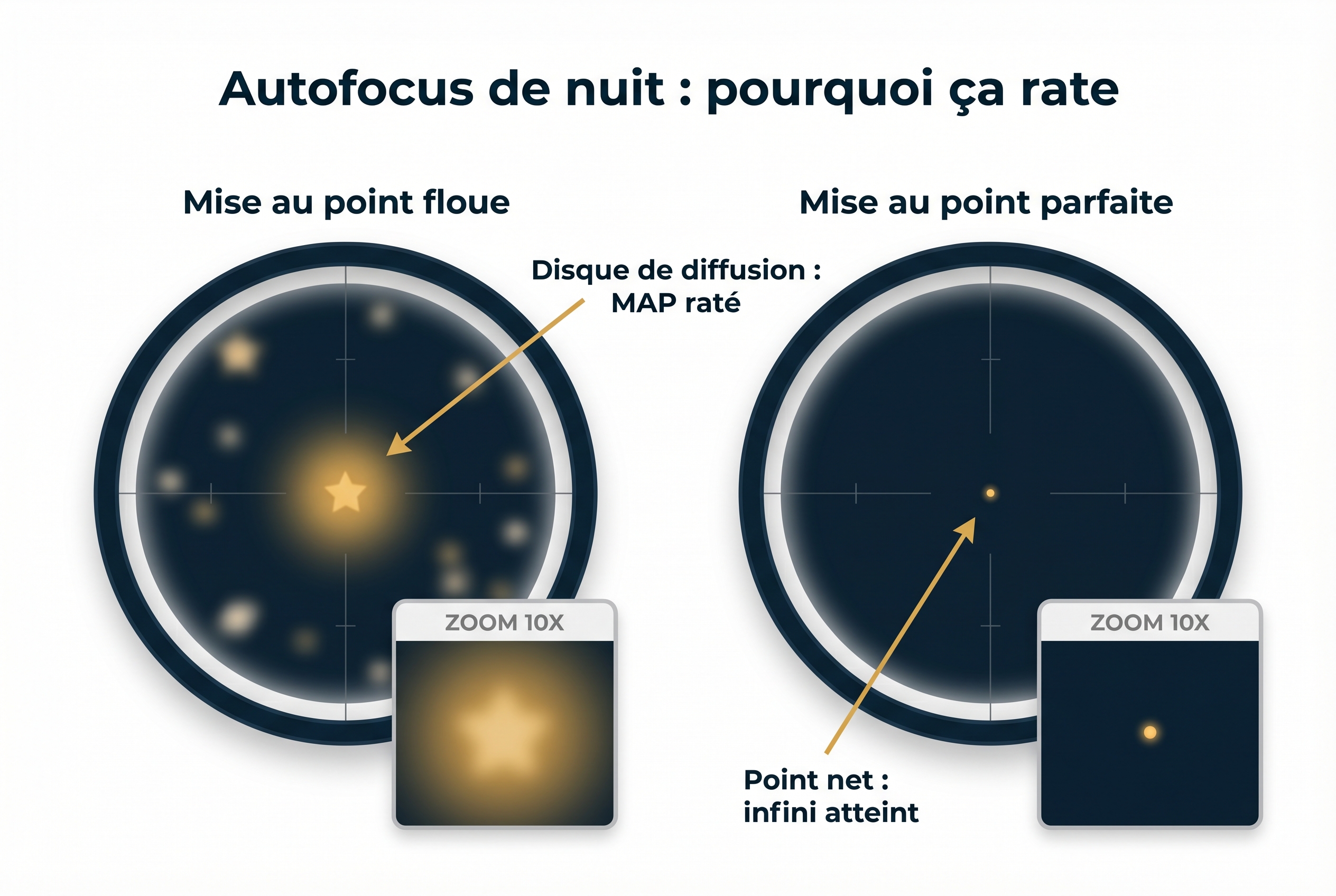 Schéma pédagogique comparant une mise au point floue et une mise au point parfaite sur une étoile pour photographier la voie lactée.