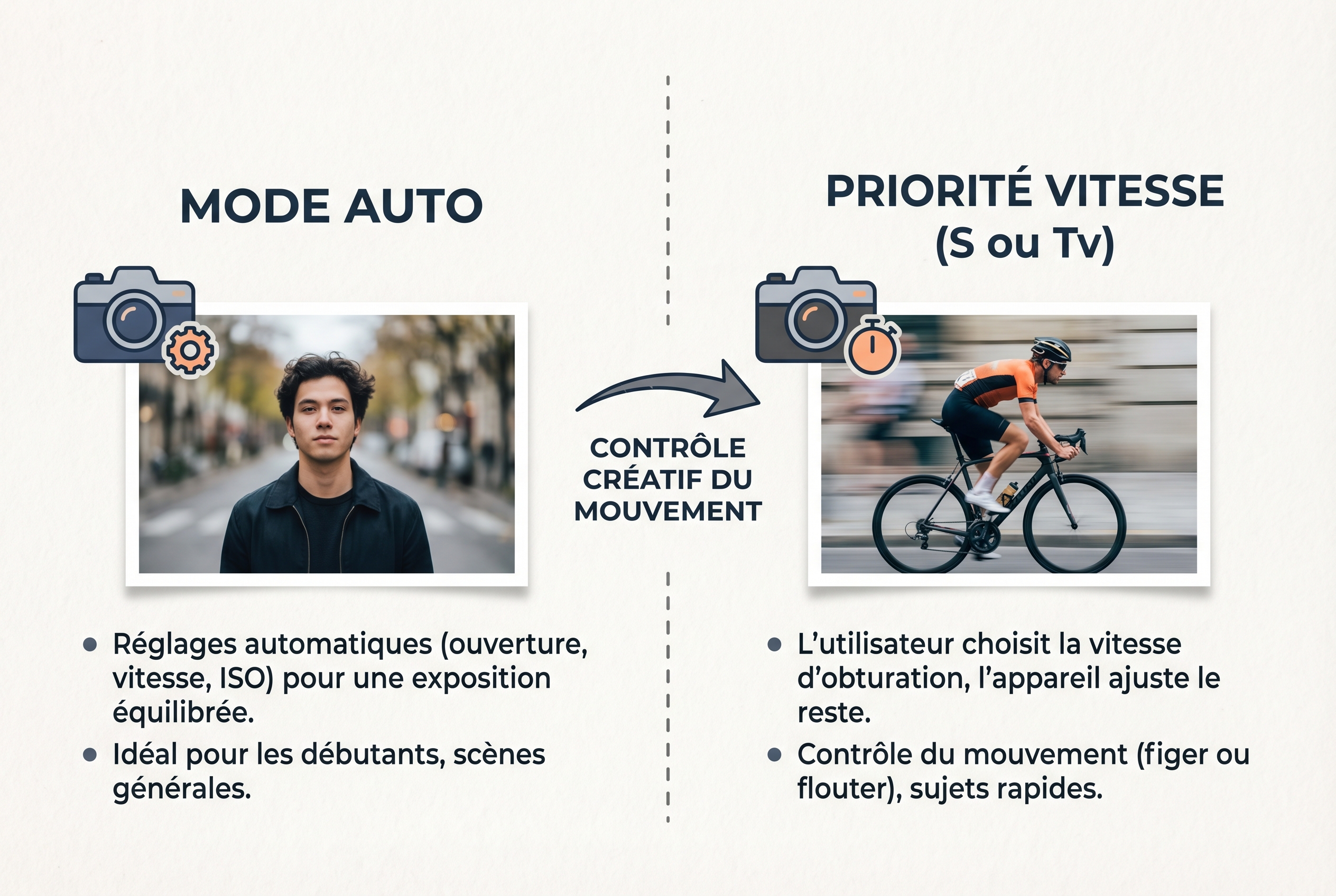 Illustration pédagogique comparant le mode Automatique et le mode Priorité Vitesse pour réussir ses réglages en photo animalière débutant.