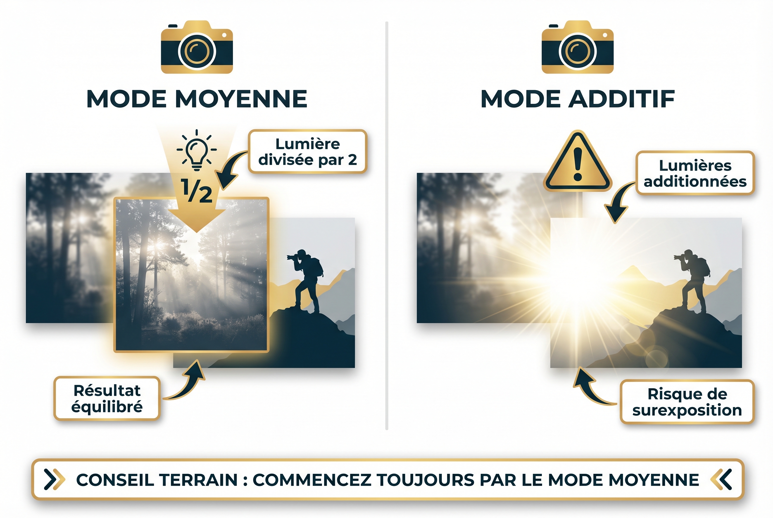 Infographie pédagogique comparant le mode de fusion Moyenne et le mode Additif pour réussir une double exposition sans surexposition.