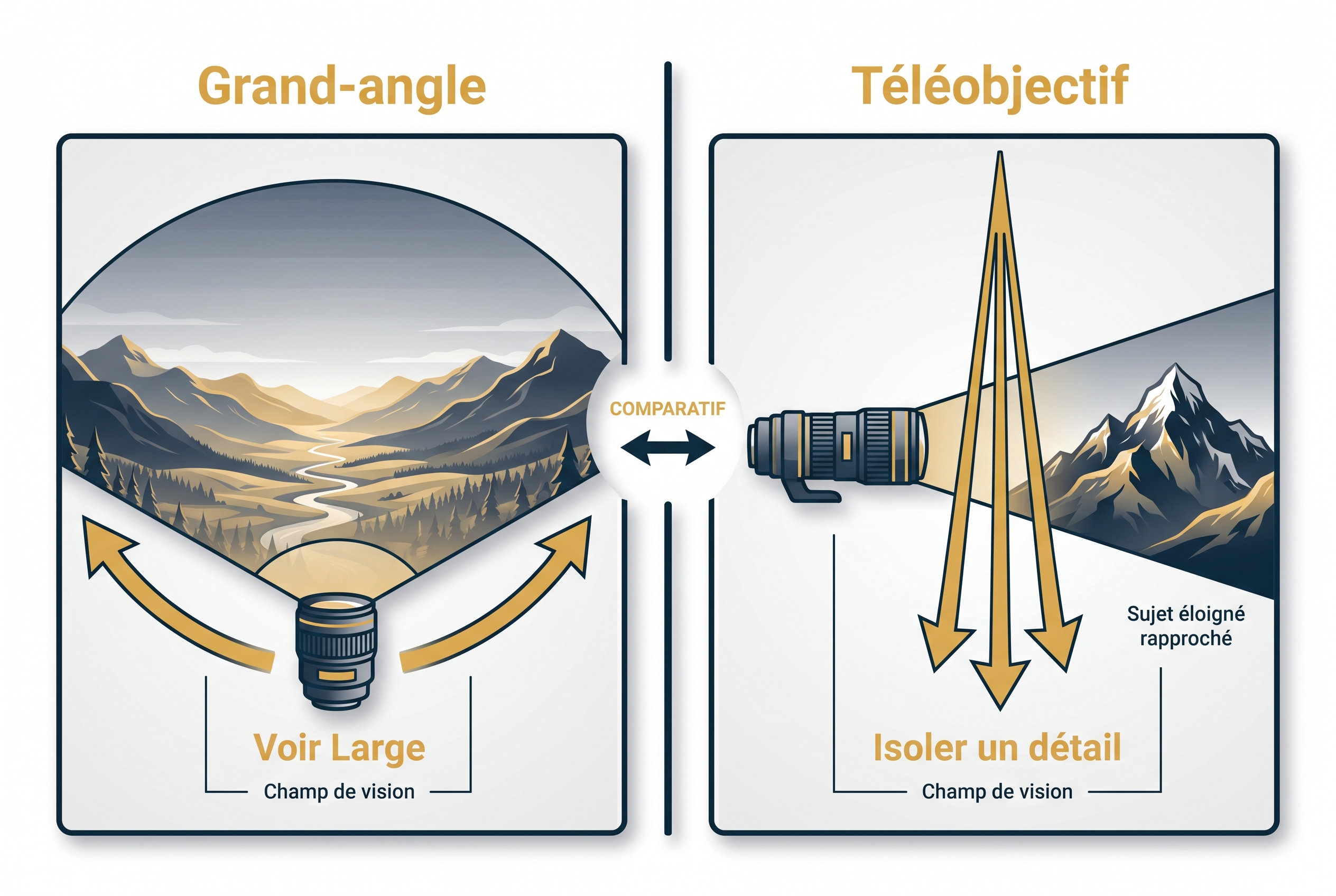 Comment photographier des paysages : le guide complet 14 Illustration pédagogique comparant un objectif grand-angle et un téléobjectif pour photographier des paysages, montrant la différence entre champ de vision large et isolation d'un détail.