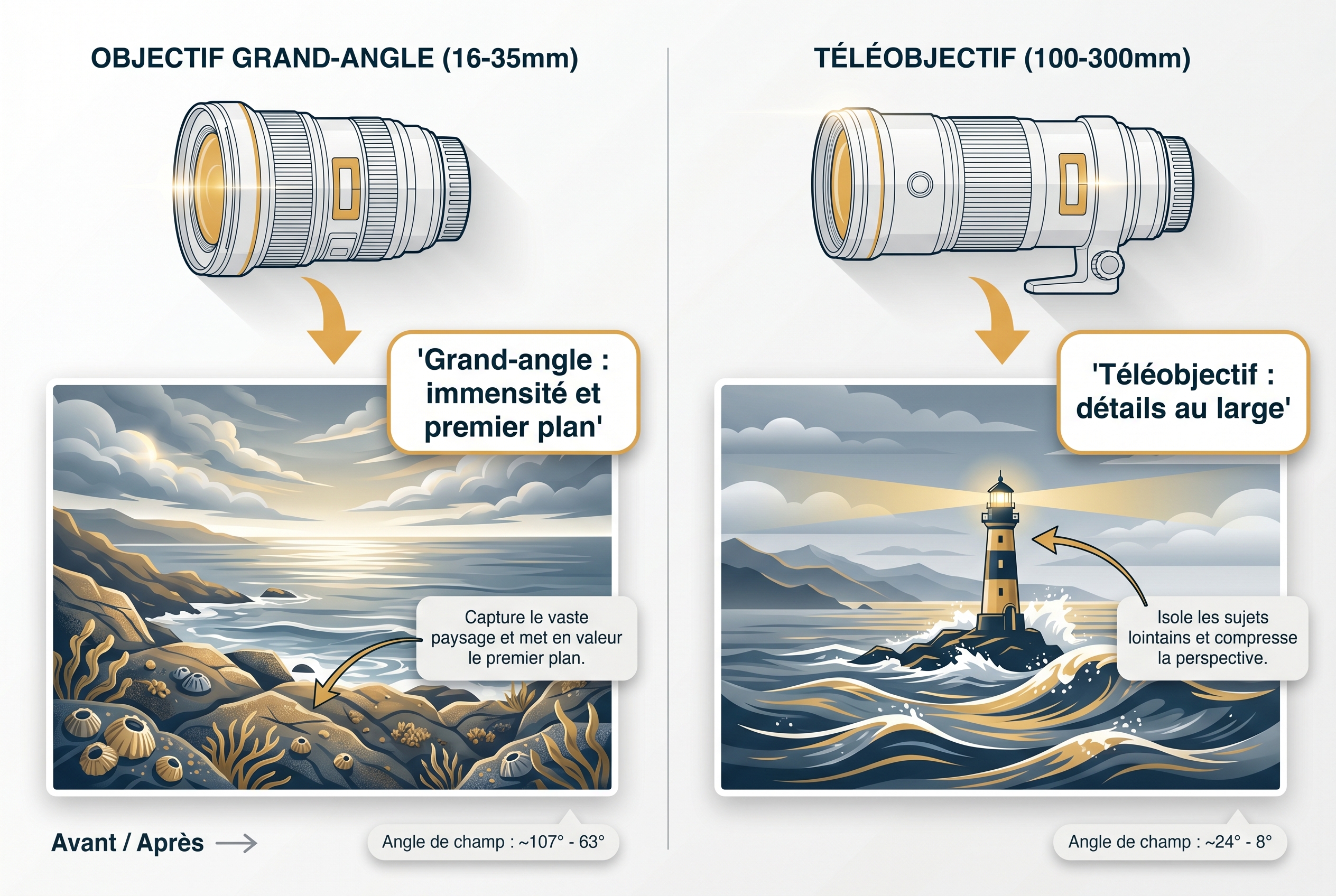 Illustration pédagogique comparant un objectif grand-angle pour l'immensité du littoral et un téléobjectif pour isoler un phare en mer, avec les réglages conseillés pour photographier la mer.