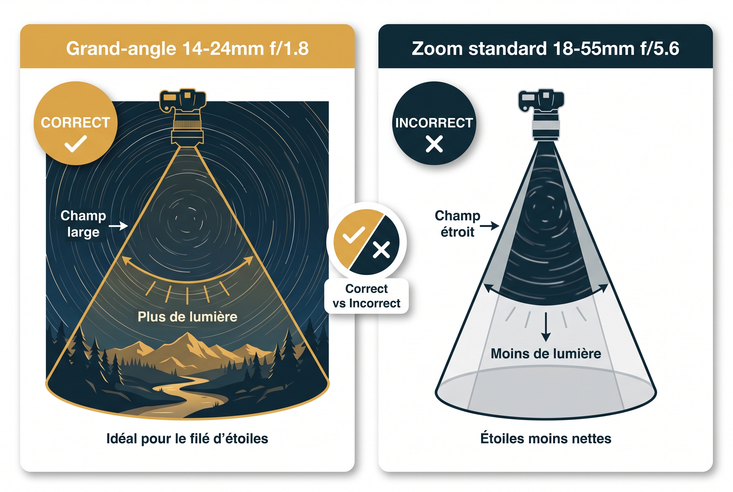 Illustration pédagogique comparant un objectif grand-angle 14-24mm et un zoom standard pour la photo circumpolaire, montrant l'avantage du champ large pour le filé d'étoiles.