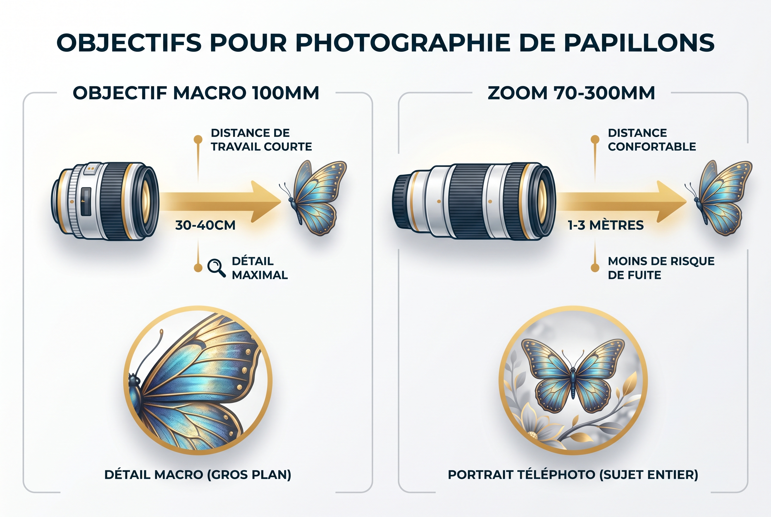 Infographie comparative entre un objectif macro 100mm et un téléobjectif 70-300mm pour photographier les papillons, illustrant les distances de travail et le niveau de détail.