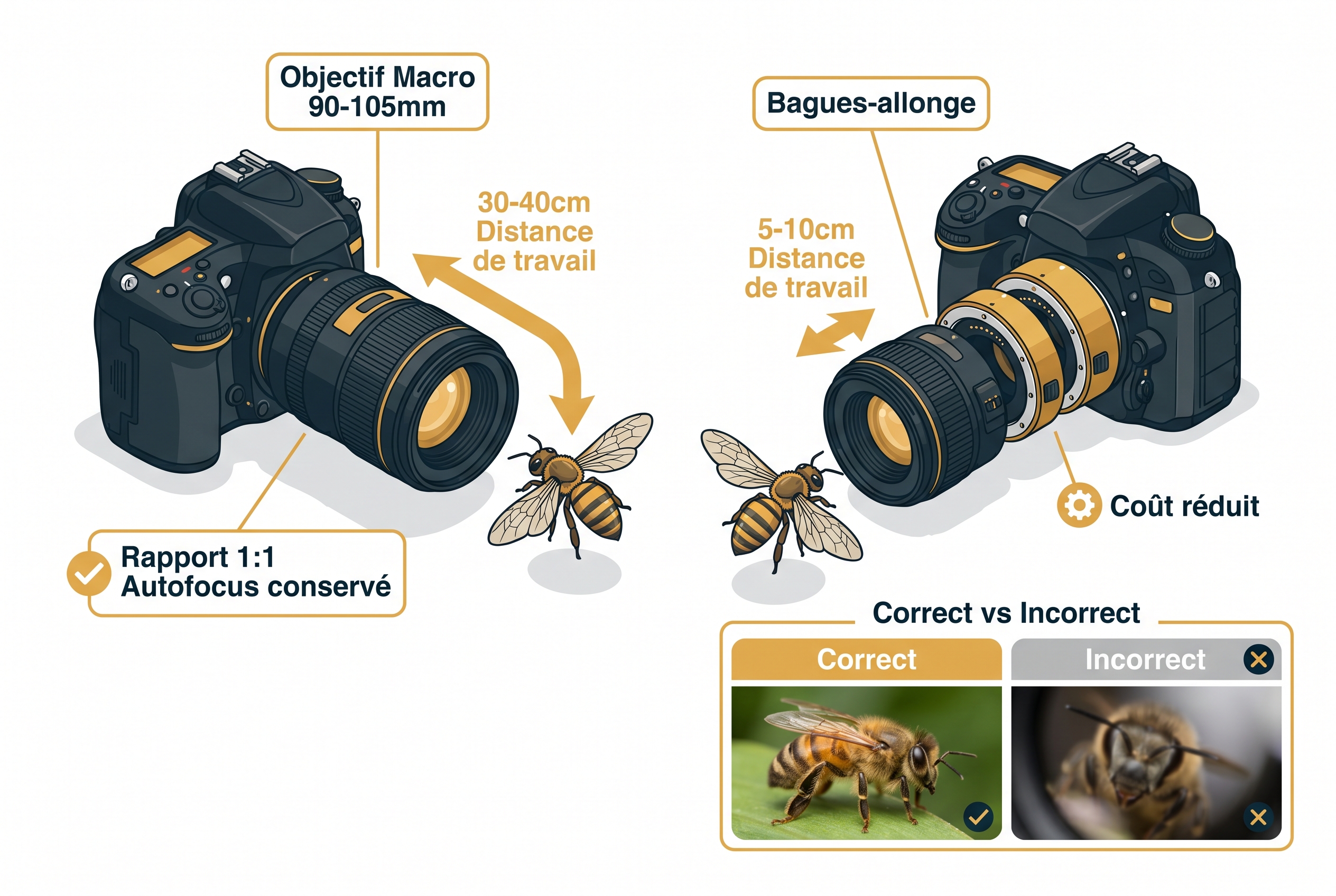 Schéma pédagogique comparant un objectif macro de 100mm et des bagues-allonge pour photographier les insectes, détaillant la distance de travail et le rapport de grossissement 1:1.