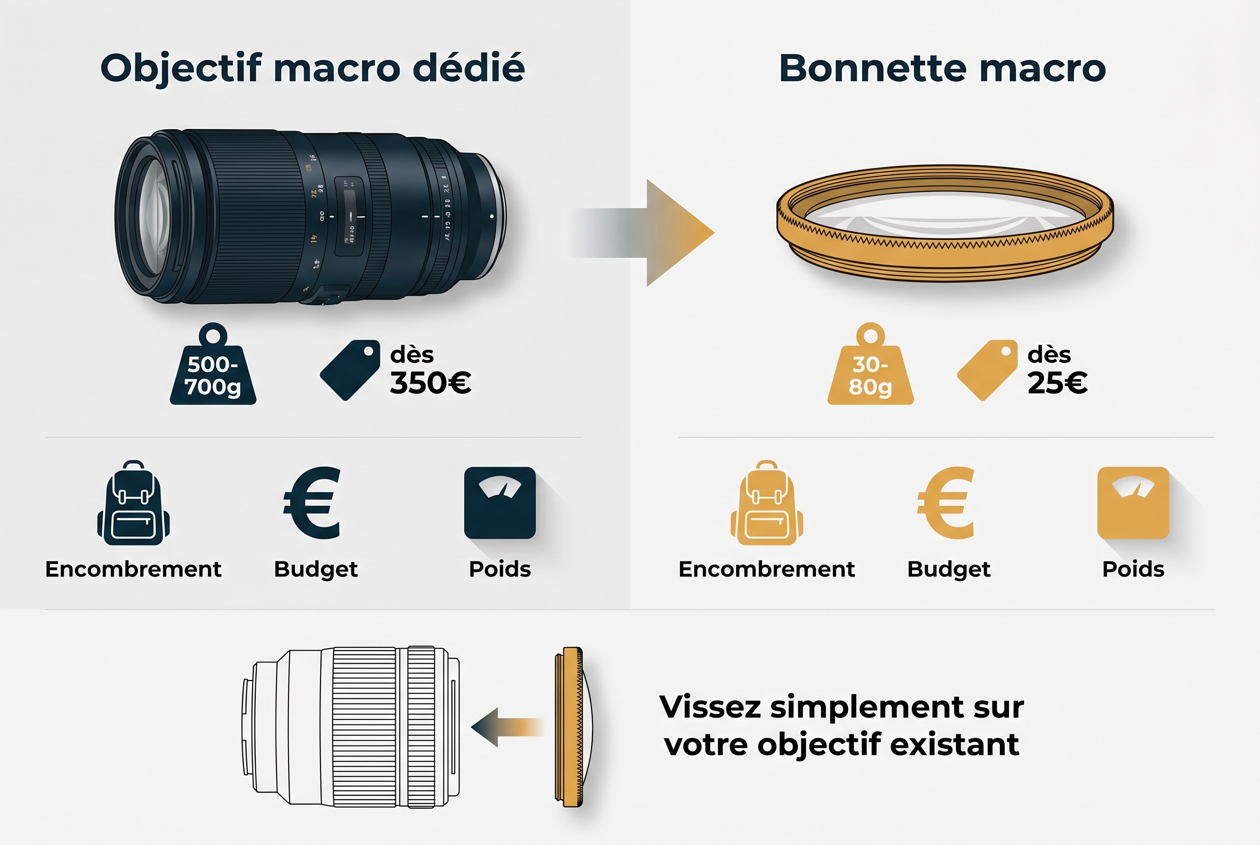 Infographie comparative entre un objectif macro dédié lourd et coûteux et une bonnette macro légère et économique pour la photographie de nature.