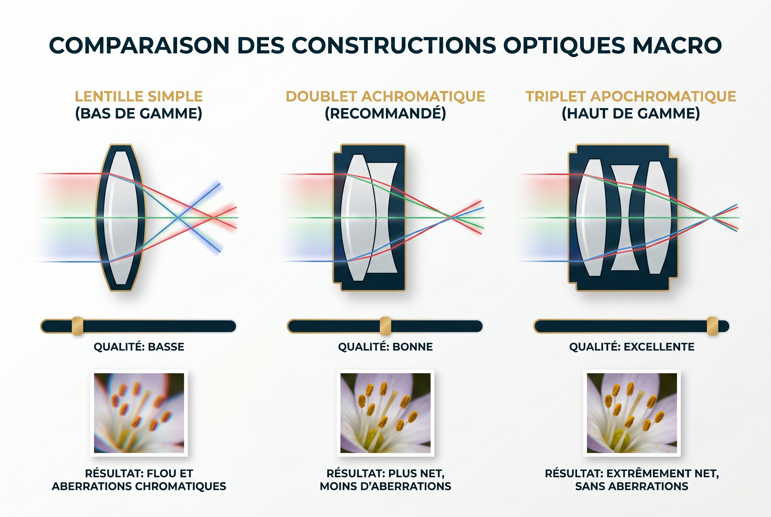 Schéma technique comparant trois types de constructions optiques pour bonnette macro : lentille simple, doublet achromatique et triplet apochromatique.