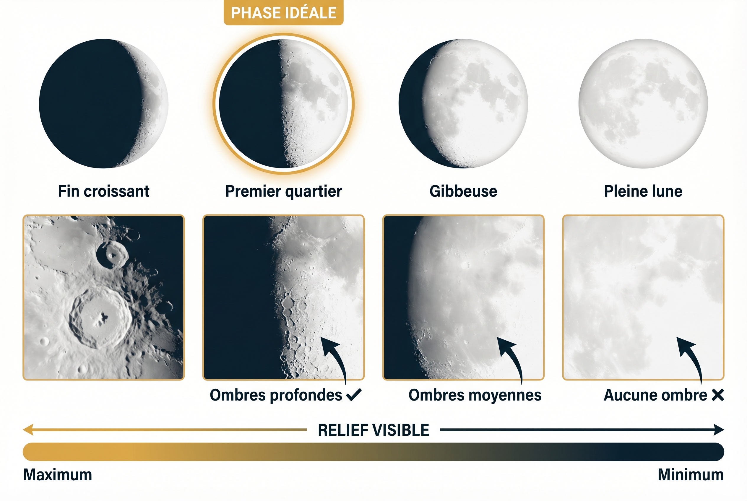 Illustration comparative des quatre phases de la lune montrant le relief des cratères et les ombres pour aider à photographier la lune avec précision.