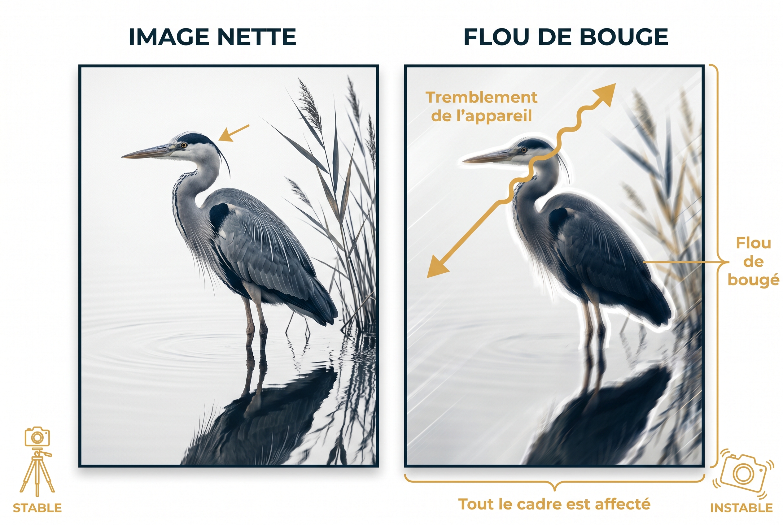 Flou de bougé : 5 astuces pour l'éviter 11 Illustration pédagogique comparant une photo nette d'un héron cendré et une image affectée par le flou de bougé dû au tremblement de l'appareil.