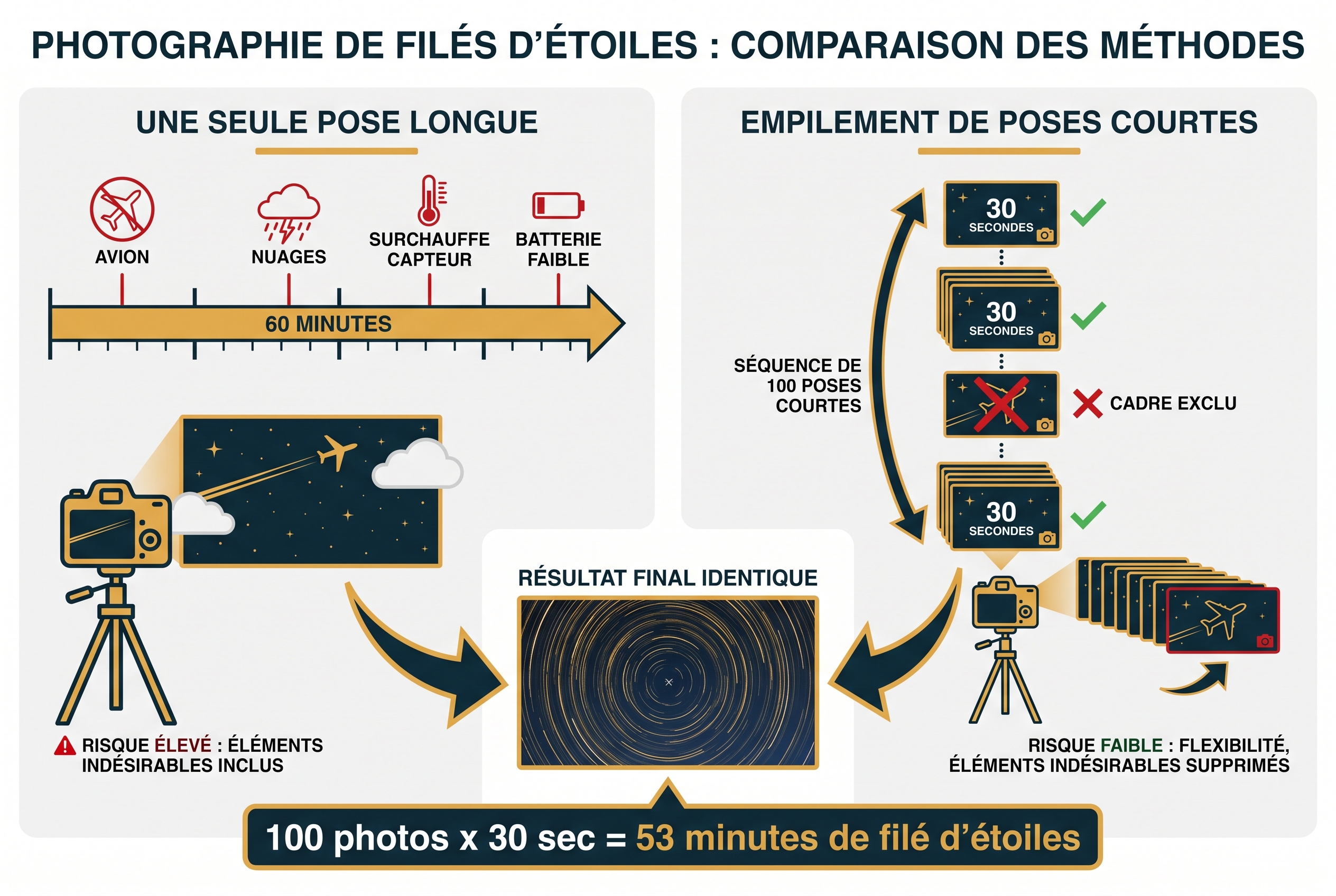 Infographie comparative pour réussir une photo circumpolaire : pose longue unique de 60 minutes avec risques vs empilement de 100 poses courtes de 30 secondes.