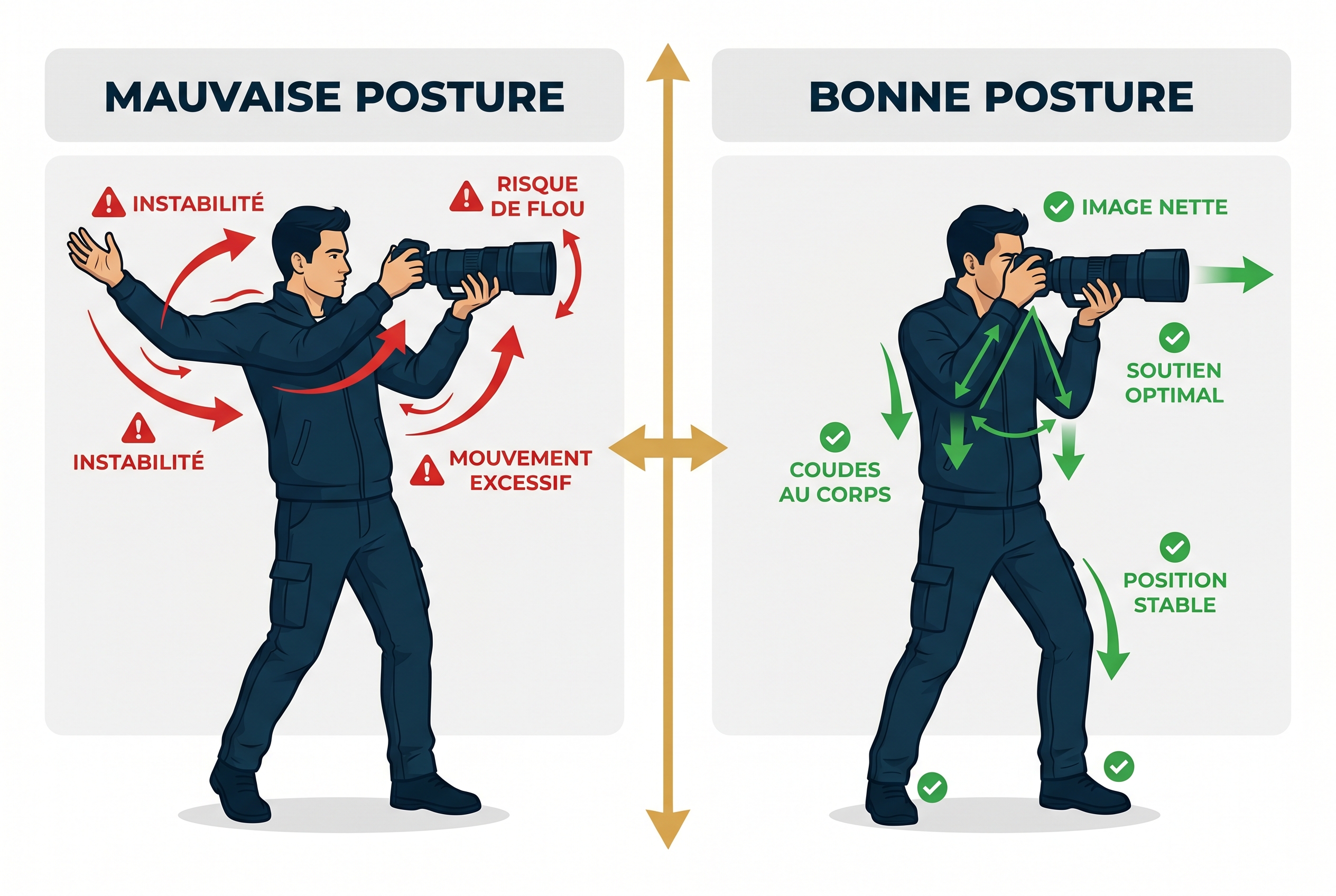 Flou de bougé : 5 astuces pour l'éviter 19 Infographie pédagogique comparant une mauvaise posture et une bonne posture (coudes au corps) pour éviter le flou de bougé en photographie animalière.