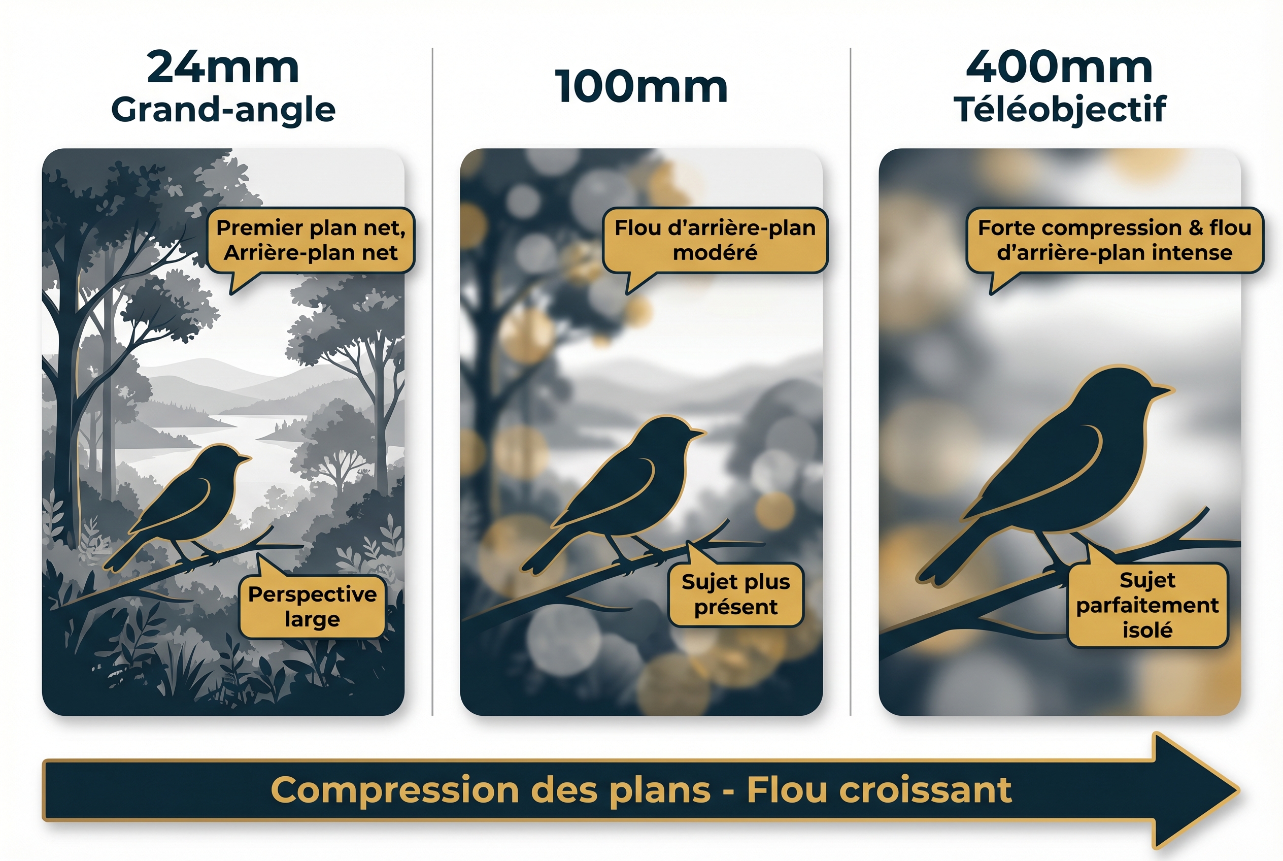 Profondeur de champ : le secret des bokeh incroyables 20 Infographie pédagogique comparant l'impact de la focale (24mm, 100mm et 400mm) sur la profondeur de champ et le flou d'arrière-plan.