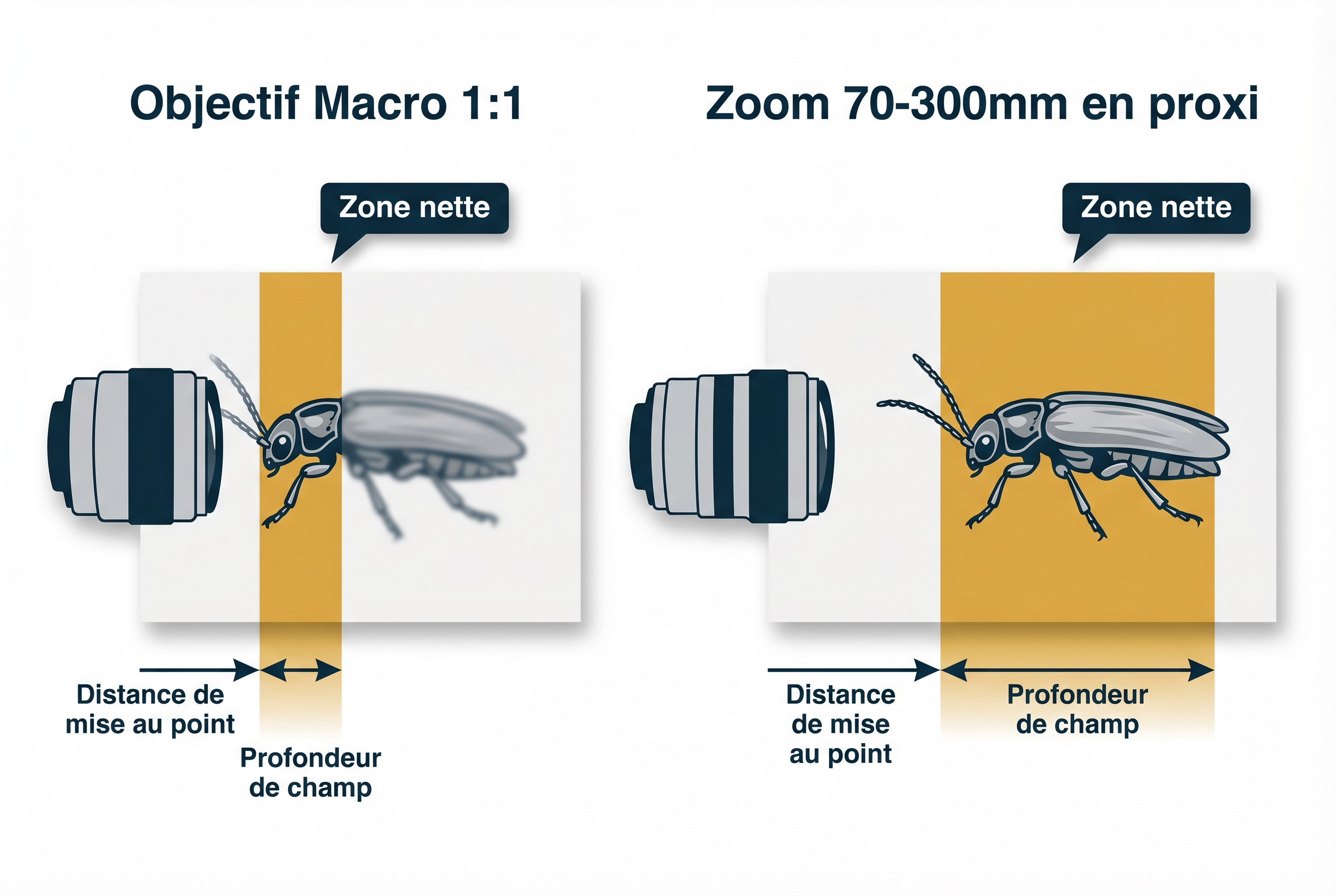 Infographie pédagogique comparant la zone nette entre un objectif macro 1:1 et un zoom 70-300mm utilisé en proxiphotographie.