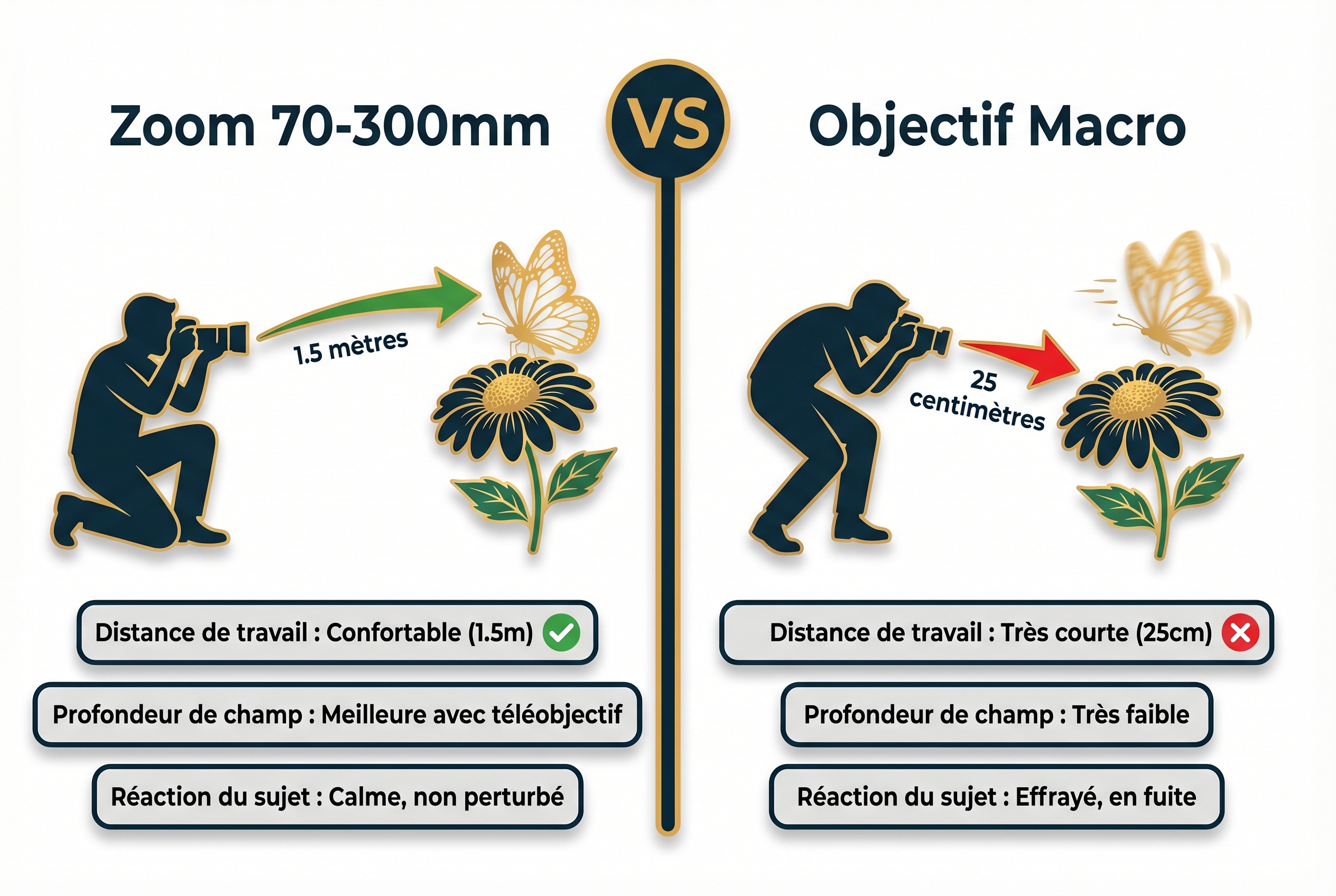 Infographie pédagogique comparant la distance de travail entre un zoom 70-300mm et un objectif macro pour la proxiphotographie d'un papillon.