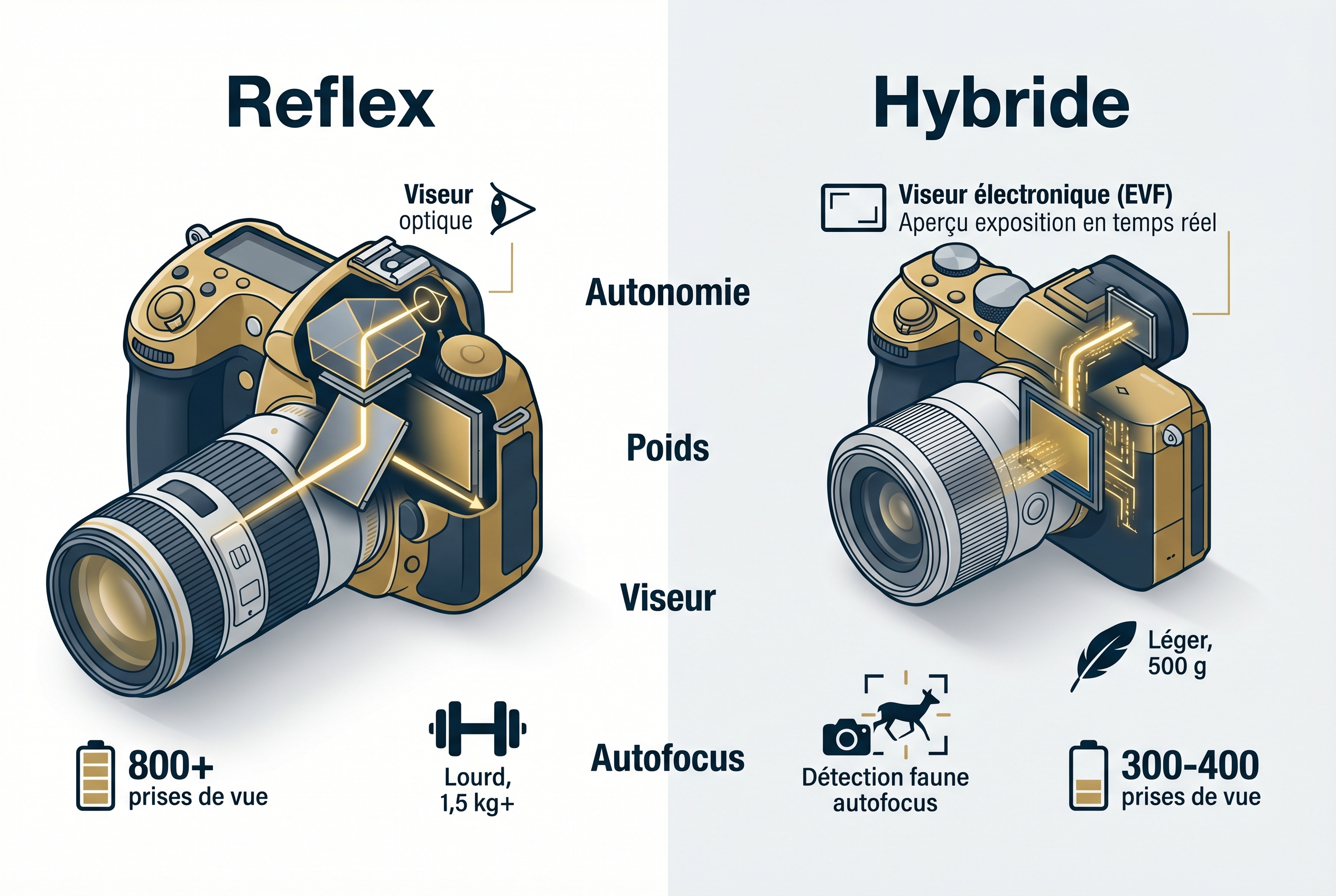 Illustration pédagogique comparant un appareil photo reflex et un hybride pour photographier la nature : autonomie, poids et système de visée.