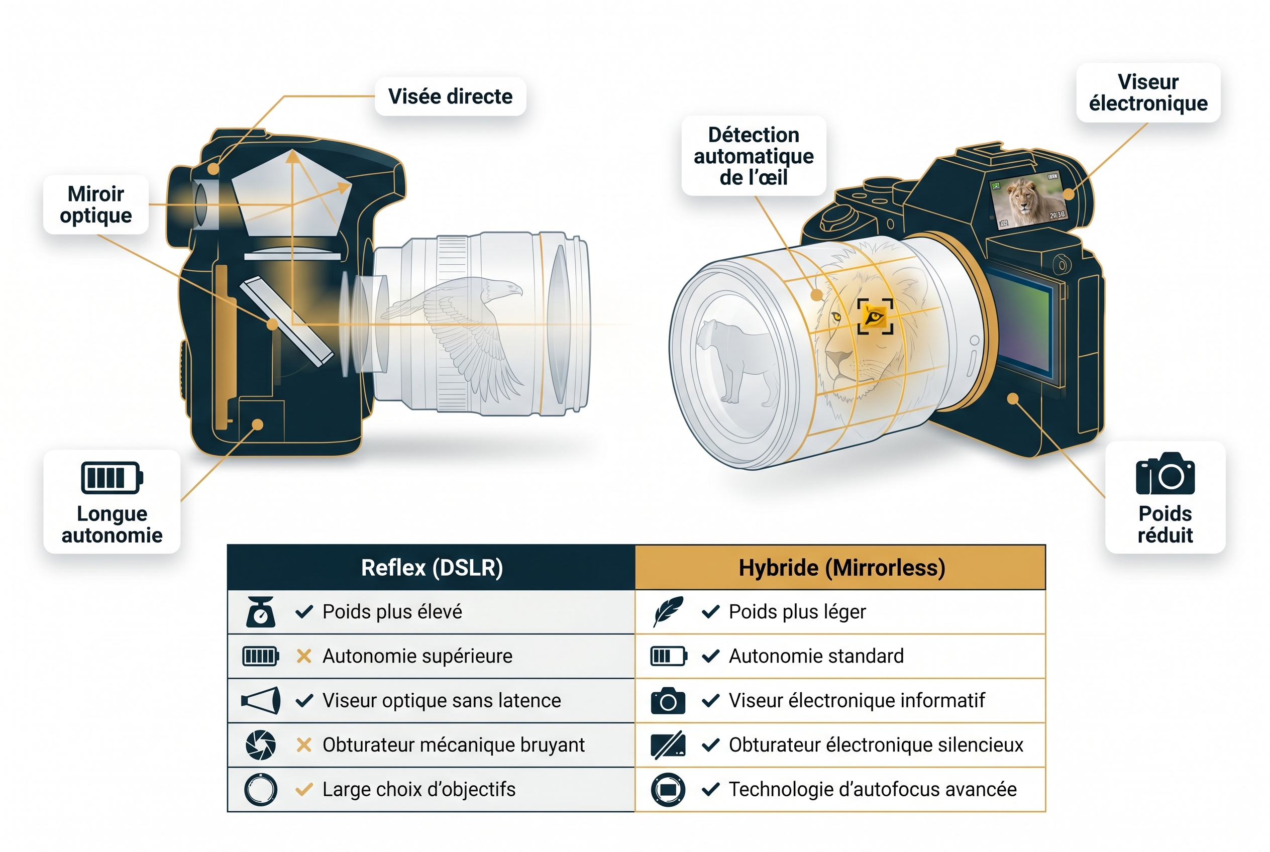 Illustration comparative entre un appareil photo animalière reflex et un hybride montrant le mécanisme de miroir et la détection autofocus de l'œil.