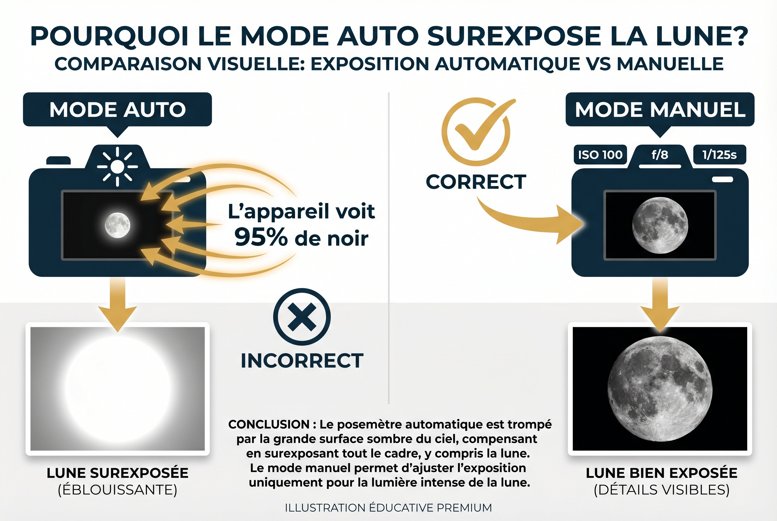 Infographie pédagogique comparant le mode automatique (surexposition) et le mode manuel (ISO 100, f/8, 1/125s) pour apprendre comment photographier la lune avec netteté.