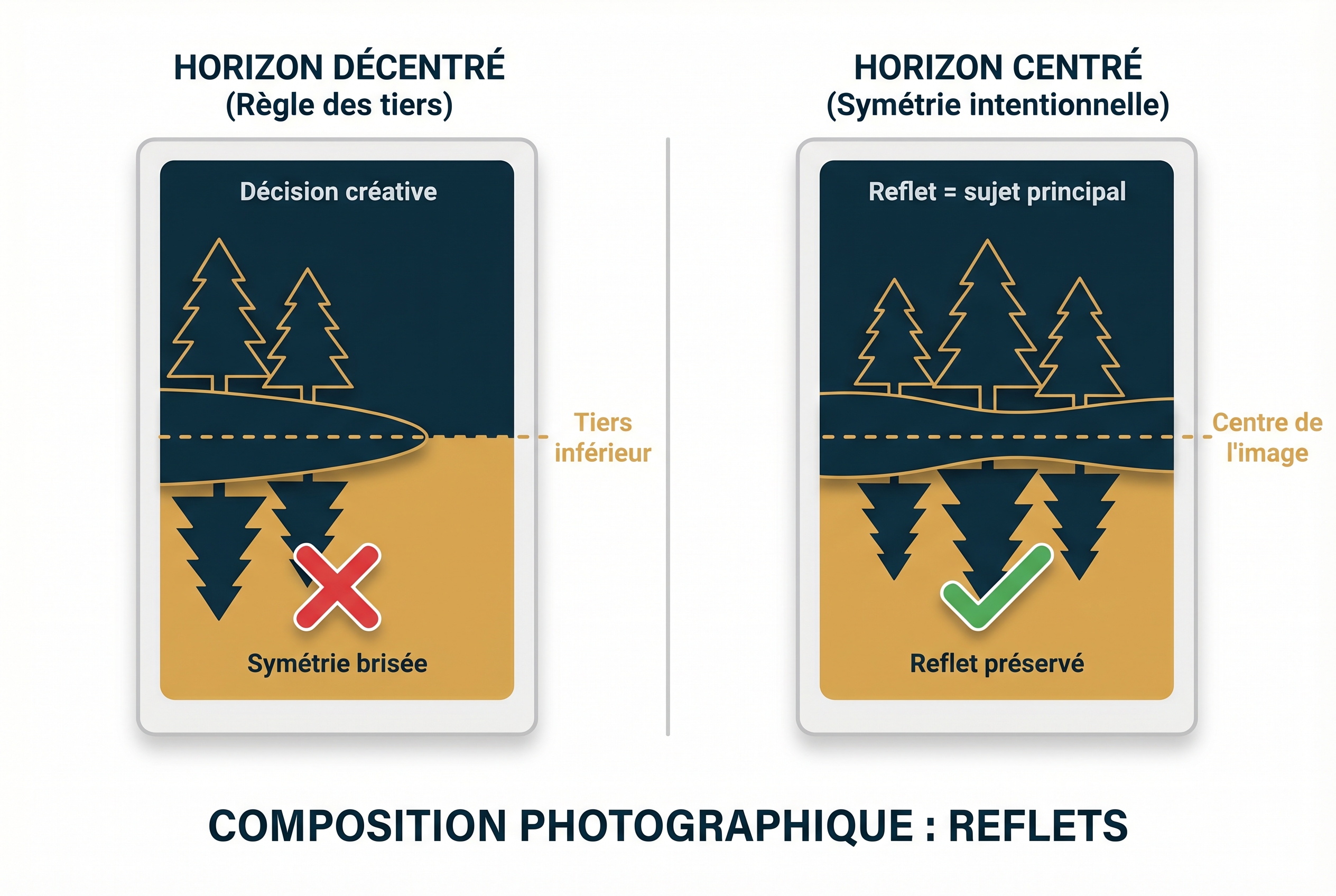 Schéma pédagogique comparant la règle des tiers avec un horizon décentré et la symétrie avec un horizon centré pour la photographie de paysage.