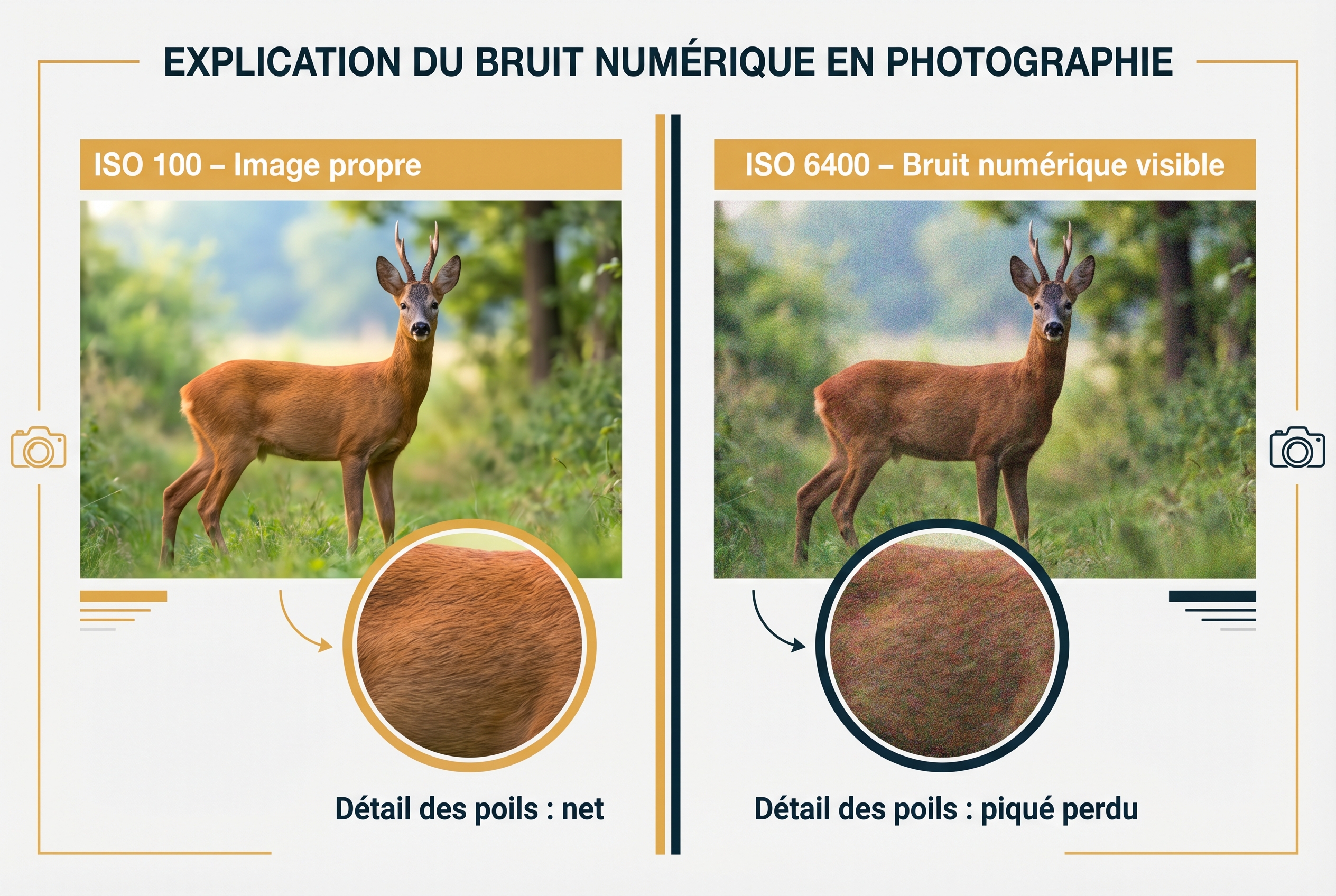 Sensibilité ISO : tout comprendre pour des photos sans bruit 16 Illustration pédagogique comparant la sensibilité ISO 100 et ISO 6400 : impact du bruit numérique sur les détails du pelage d'un chevreuil.