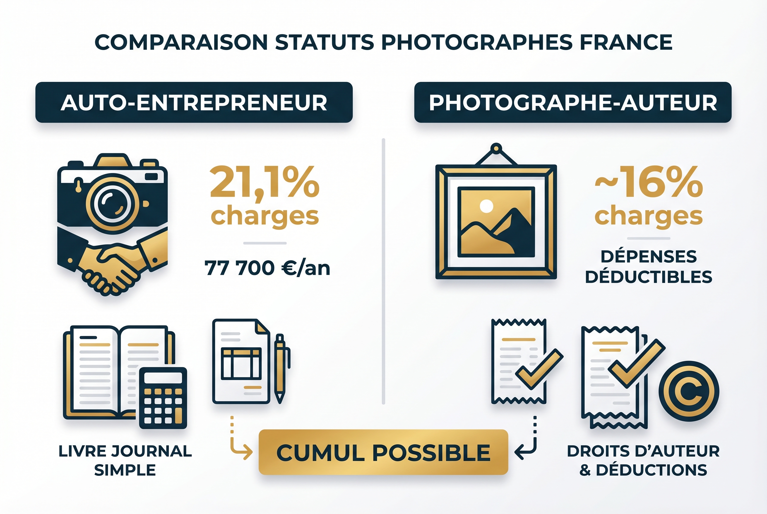 Infographie pédagogique comparant les statuts d'auto-entrepreneur et de photographe-auteur pour devenir photographe professionnel en France.