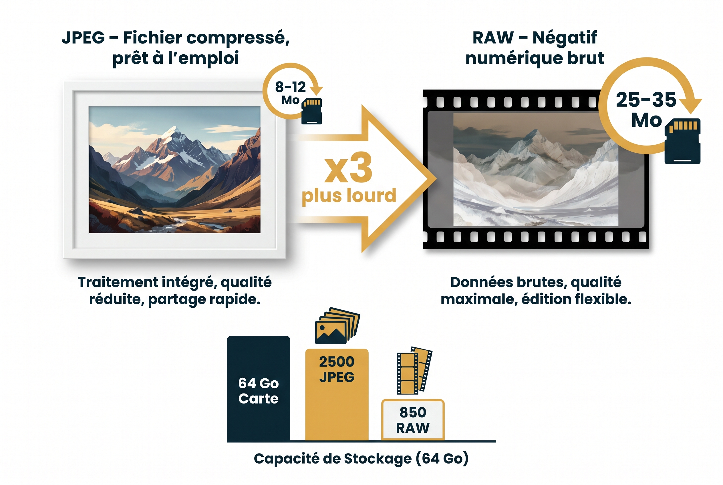Infographie comparative : pour une carte de 64 Go combien de photos peut-on stocker en format JPEG (2500) vs RAW (850).