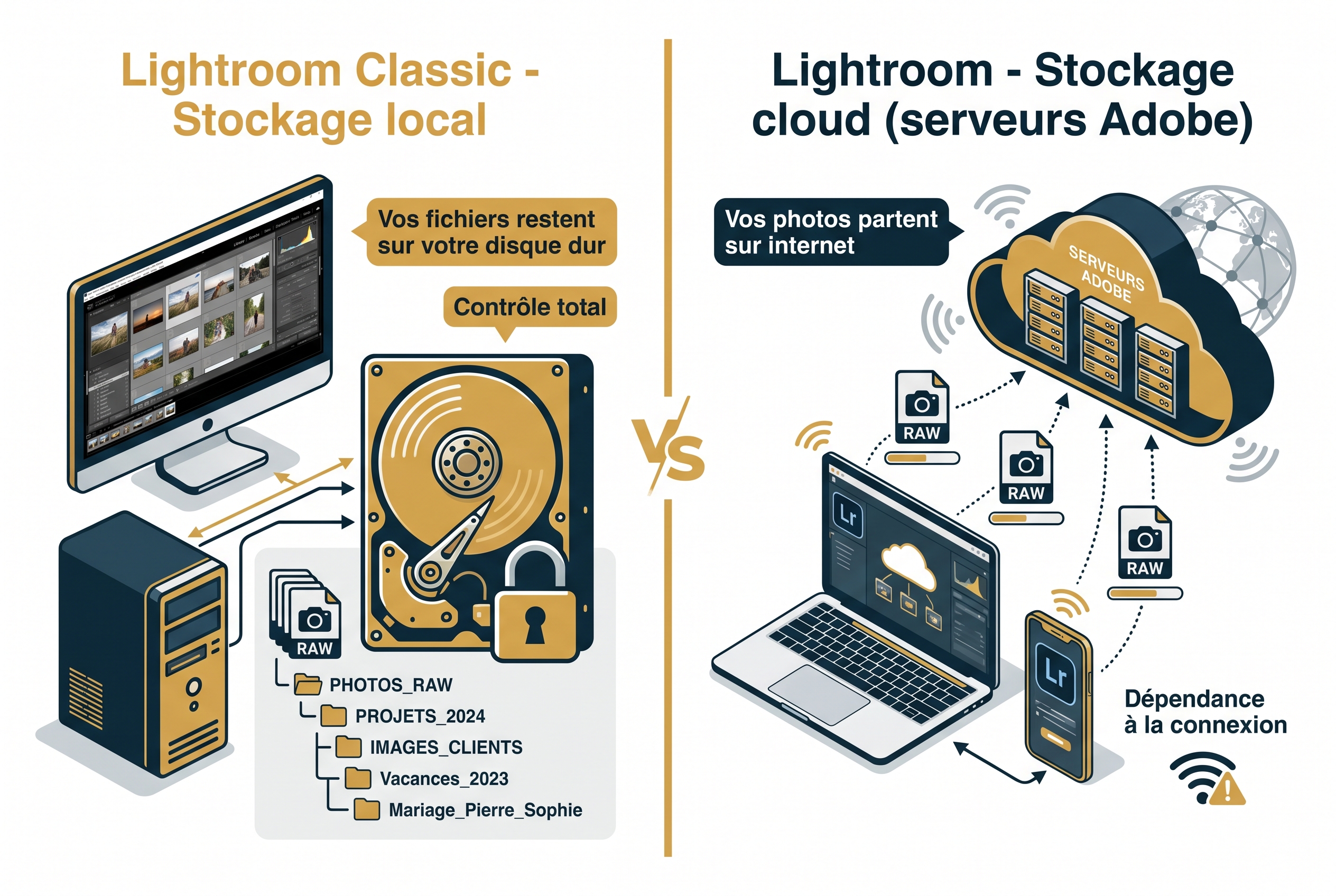 Infographie comparative entre Lightroom et Lightroom Classic illustrant le stockage local sur disque dur face au stockage cloud Adobe.