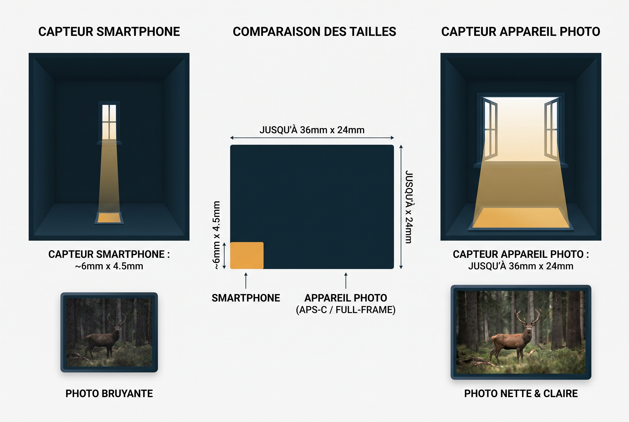 Illustration pédagogique comparant la taille du capteur entre un appareil photo et un smartphone avec la métaphore d'une fenêtre laissant entrer la lumière.